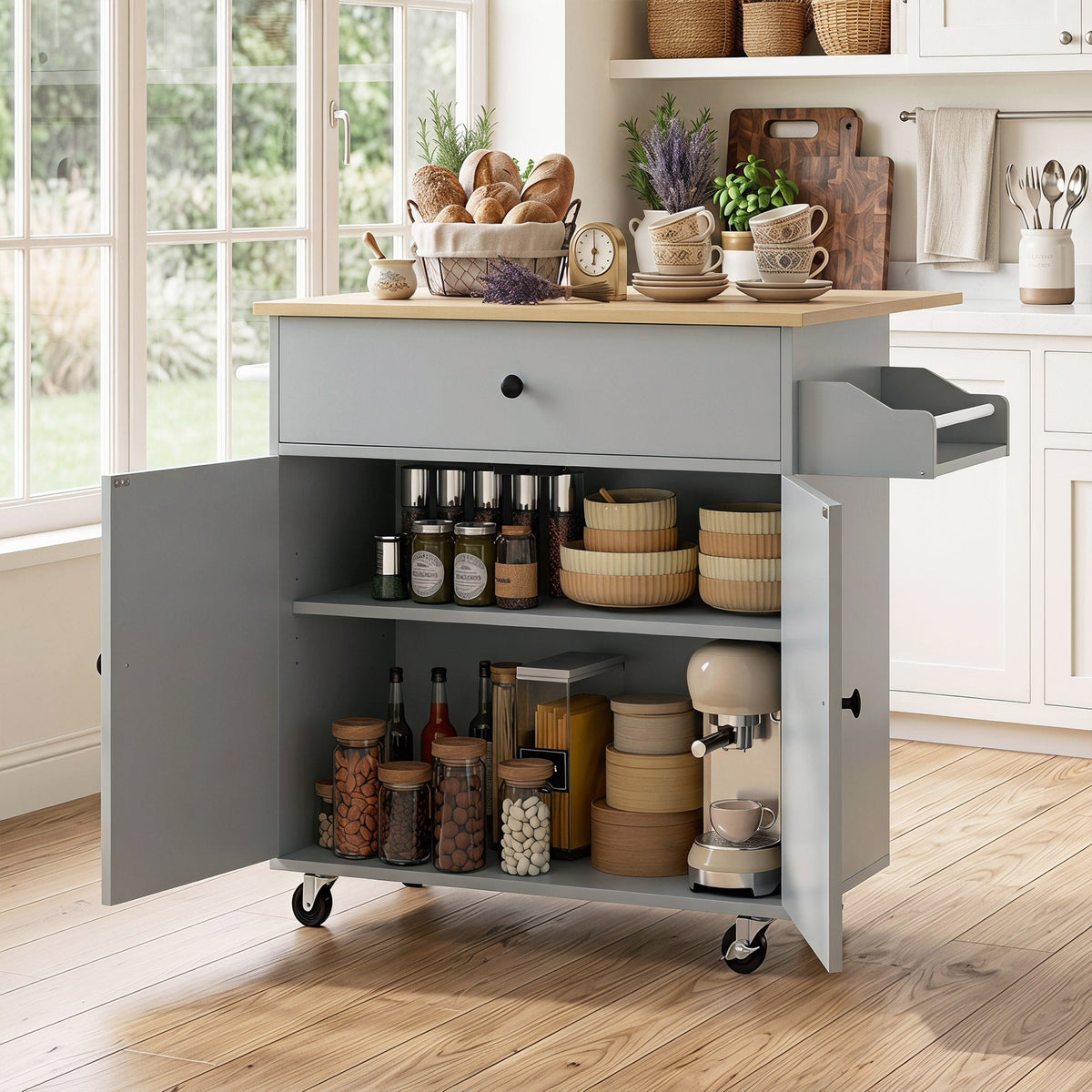 Kitchen Island with Drop Leaf, Rolling Kitchen Storage Trolley on Wheels with Drawer, Spice Rack and Towel Rack, Storage Cart with Adjustable Shelf, Grey