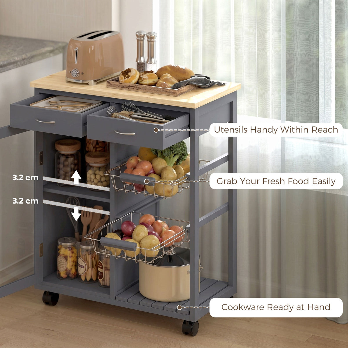 Rolling Kitchen Trolley, Bamboo Kitchen Island with Glass Door, 2 Metal Wire Baskets, 2 Drawers & Adjustable Shelf, 67 x 35 x 80 cm, Grey