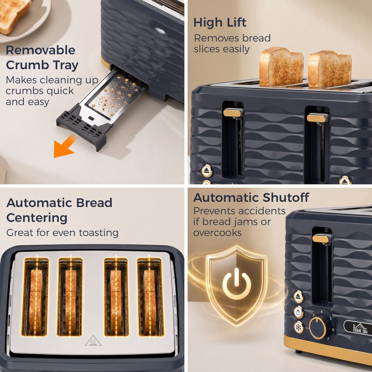 4 Slice Toaster with 7 Browning Levels, High Lift, Reheat/Defrost/Cancel, Self-centring Function, Removable Crumb Tray, Water Ripple Texture, Dark Blue