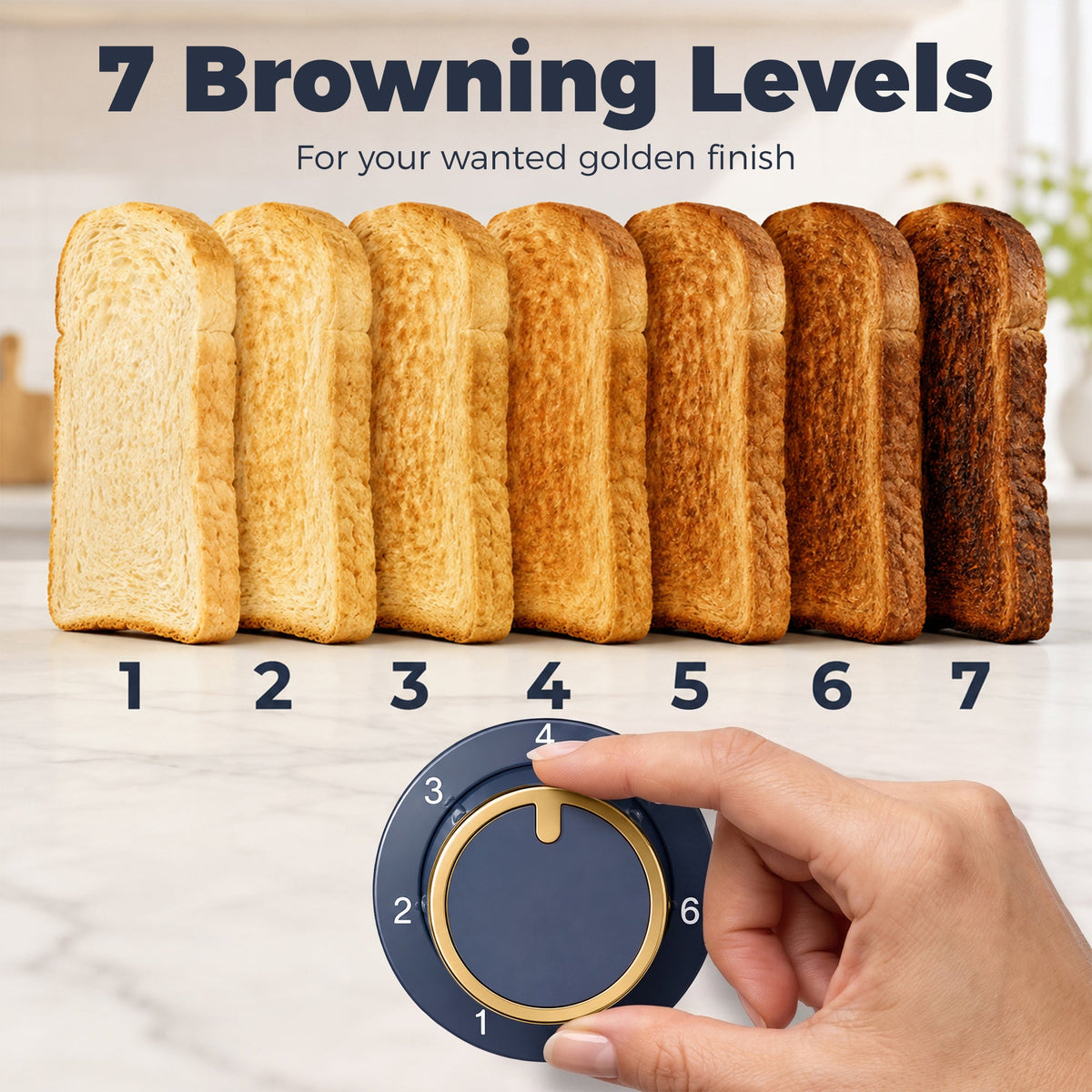 4 Slice Toaster with 7 Browning Levels, High Lift, Reheat/Defrost/Cancel, Self-centring Function, Removable Crumb Tray, Water Ripple Texture, Dark Blue