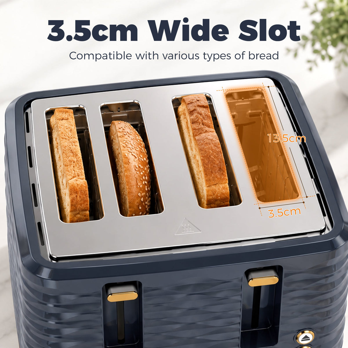 4 Slice Toaster with 7 Browning Levels, High Lift, Reheat/Defrost/Cancel, Self-centring Function, Removable Crumb Tray, Water Ripple Texture, Dark Blue