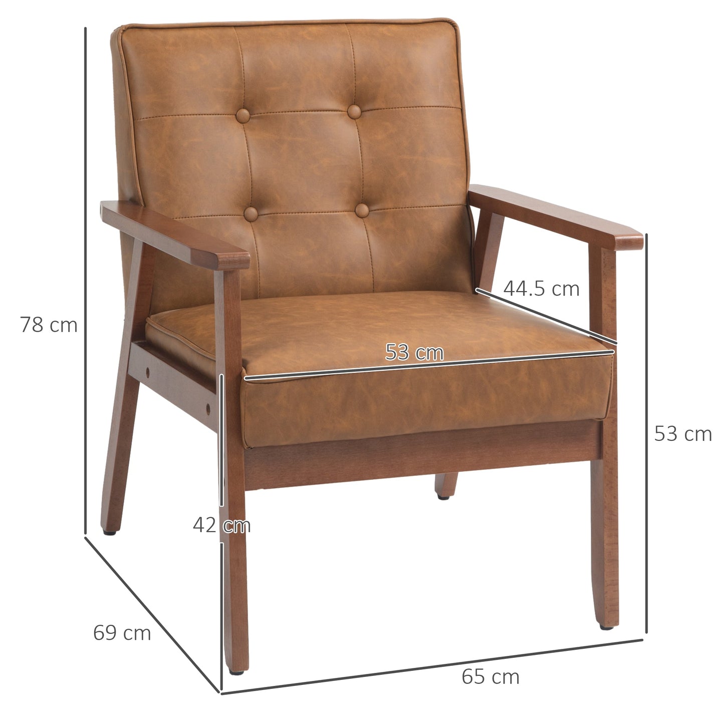 HOMCOM Armchair, PU Leather Accent Chair, Occasional Chair with Rubberwood Frame for Living Room, Reception, Bedroom, Balcony, Brown