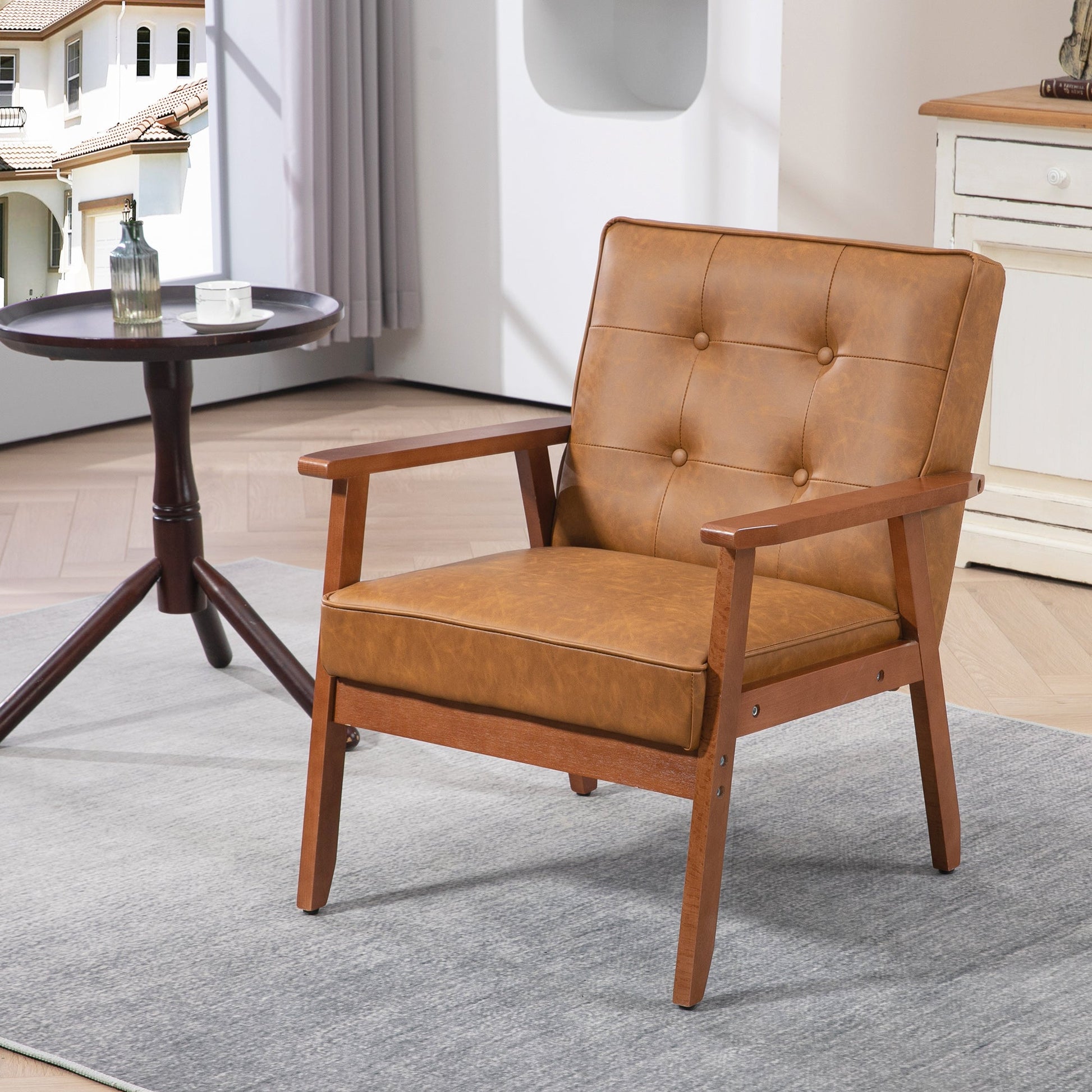 HOMCOM Armchair, PU Leather Accent Chair, Occasional Chair with Rubberwood Frame for Living Room, Reception, Bedroom, Balcony, Brown