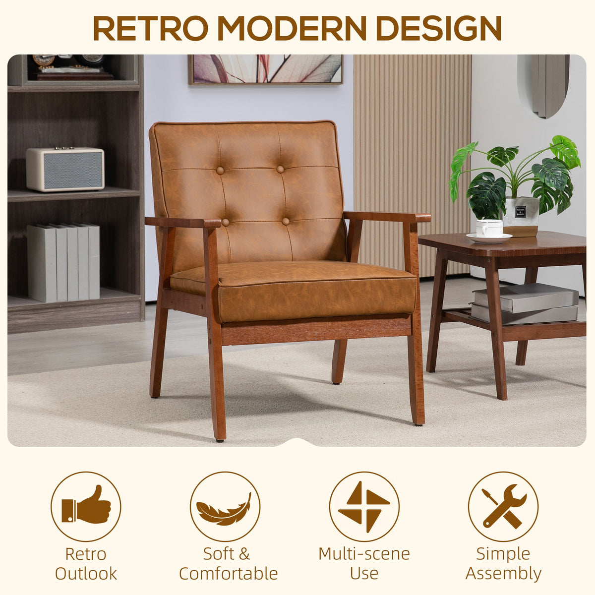 HOMCOM Armchair, PU Leather Accent Chair, Occasional Chair with Rubberwood Frame for Living Room, Reception, Bedroom, Balcony, Brown