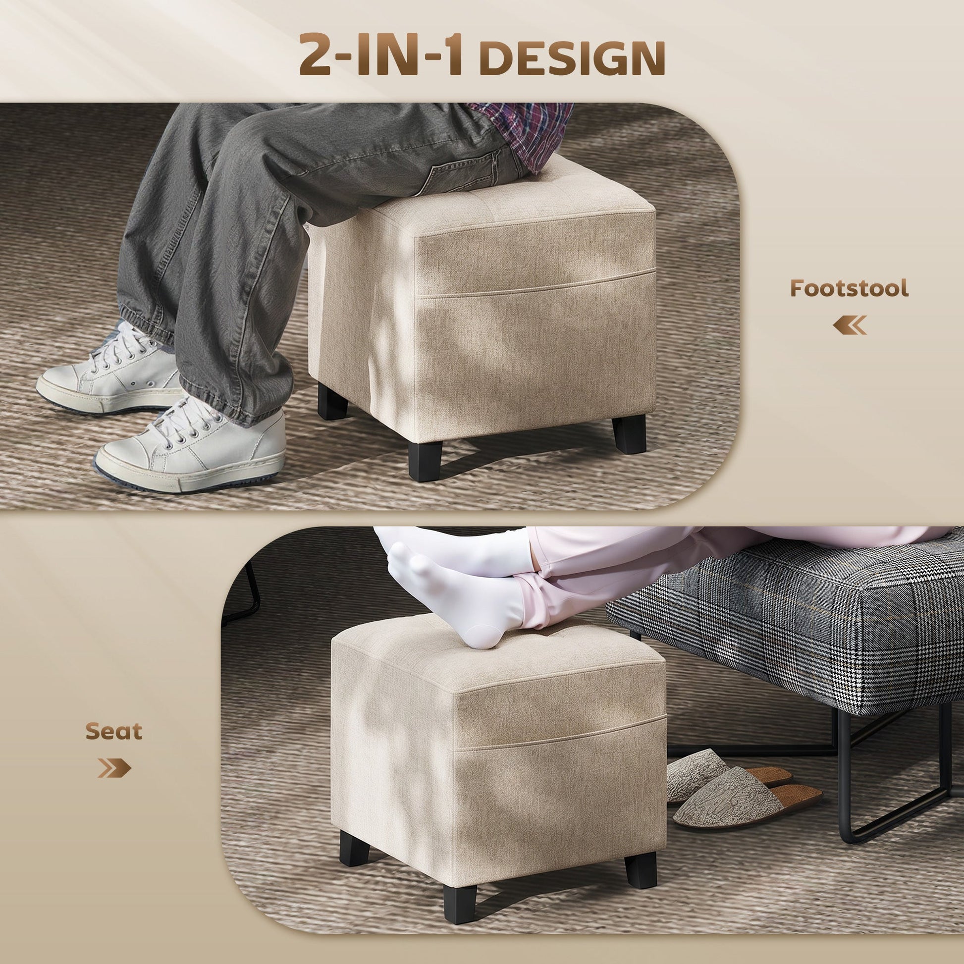 Square Footstool, Small Ottoman with Side Pocket, Linen-look Fabric Footrest Foot Stool with Rubber Wood Legs and Padded Seat for Living Room, Bedroom, Entryway, 35 x 35 x 35cm, Beige