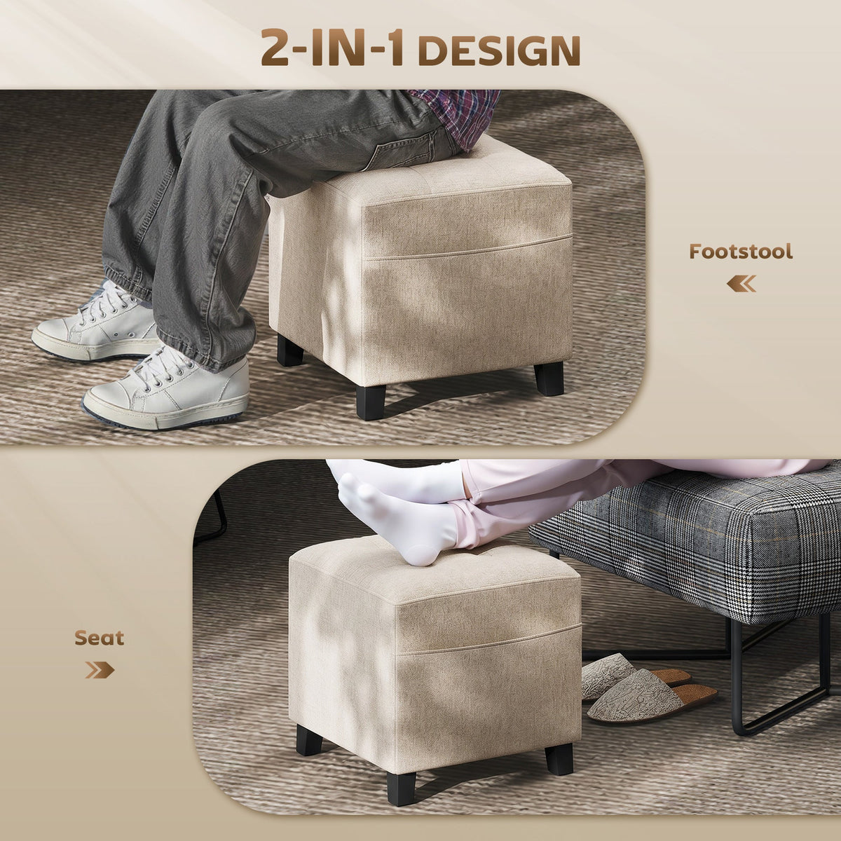 Square Footstool, Small Ottoman with Side Pocket, Linen-look Fabric Footrest Foot Stool with Rubber Wood Legs and Padded Seat for Living Room, Bedroom, Entryway, 35 x 35 x 35cm, Beige