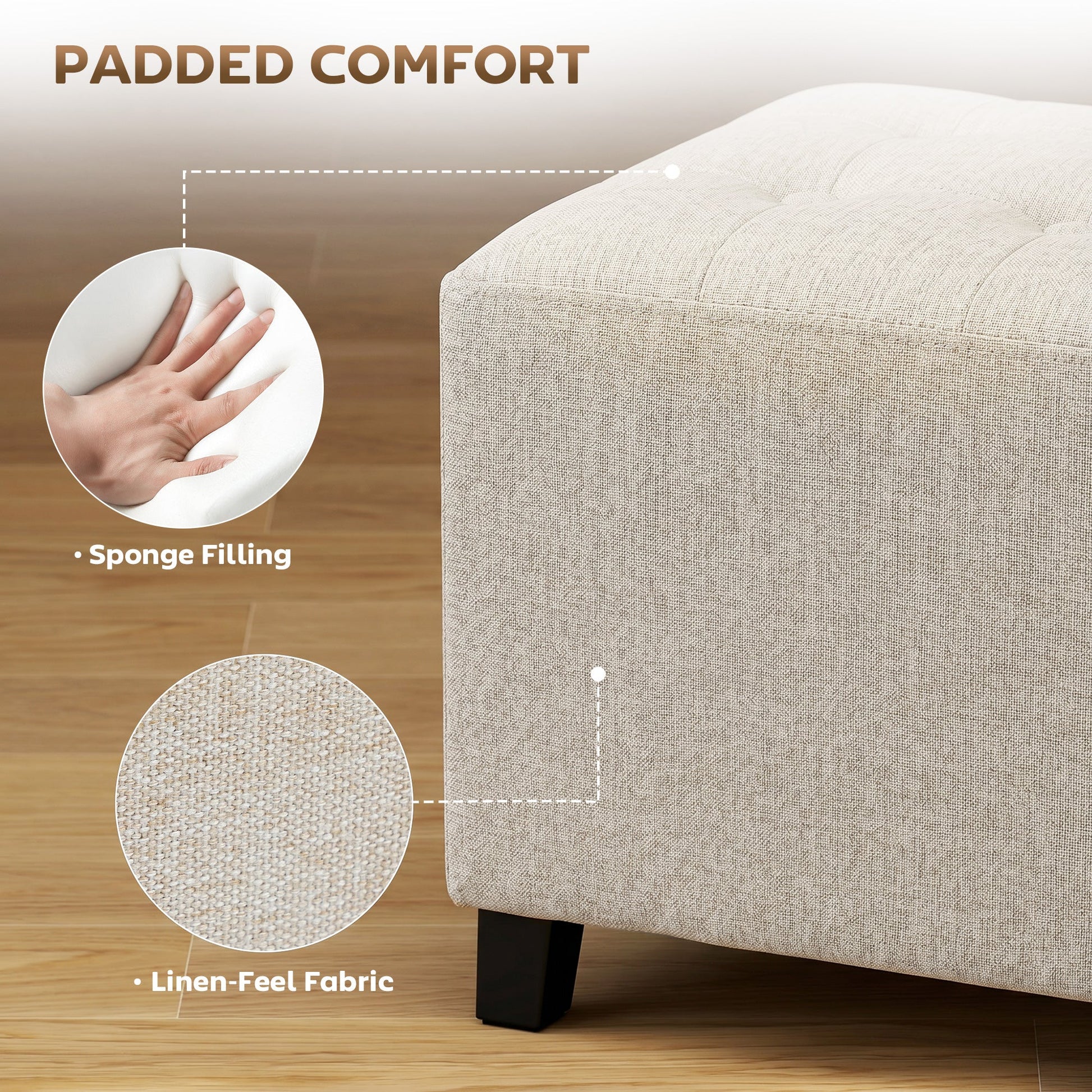 Square Footstool, Small Ottoman with Side Pocket, Linen-look Fabric Footrest Foot Stool with Rubber Wood Legs and Padded Seat for Living Room, Bedroom, Entryway, 35 x 35 x 35cm, Beige