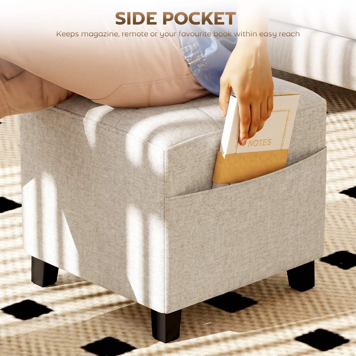 Square Footstool, Small Ottoman with Side Pocket, Linen-look Fabric Footrest Foot Stool with Rubber Wood Legs and Padded Seat for Living Room, Bedroom, Entryway, 35 x 35 x 35cm, Beige