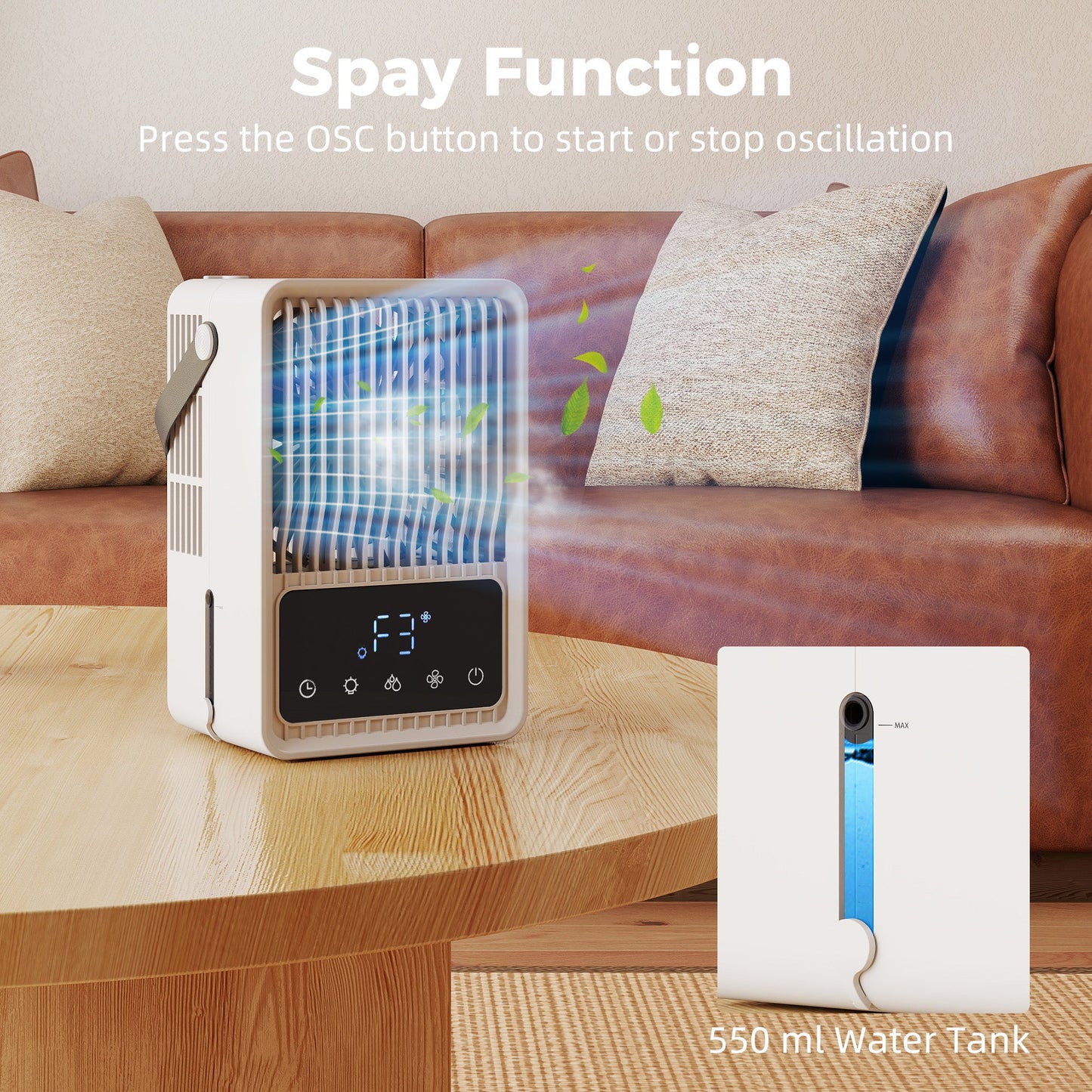 23.2 cm Desk Fan with Humidifier, 3-Speed Table Fan with 550ml Water Tank, Small Fan with RGB Light for Bedroom, Home Office, Black