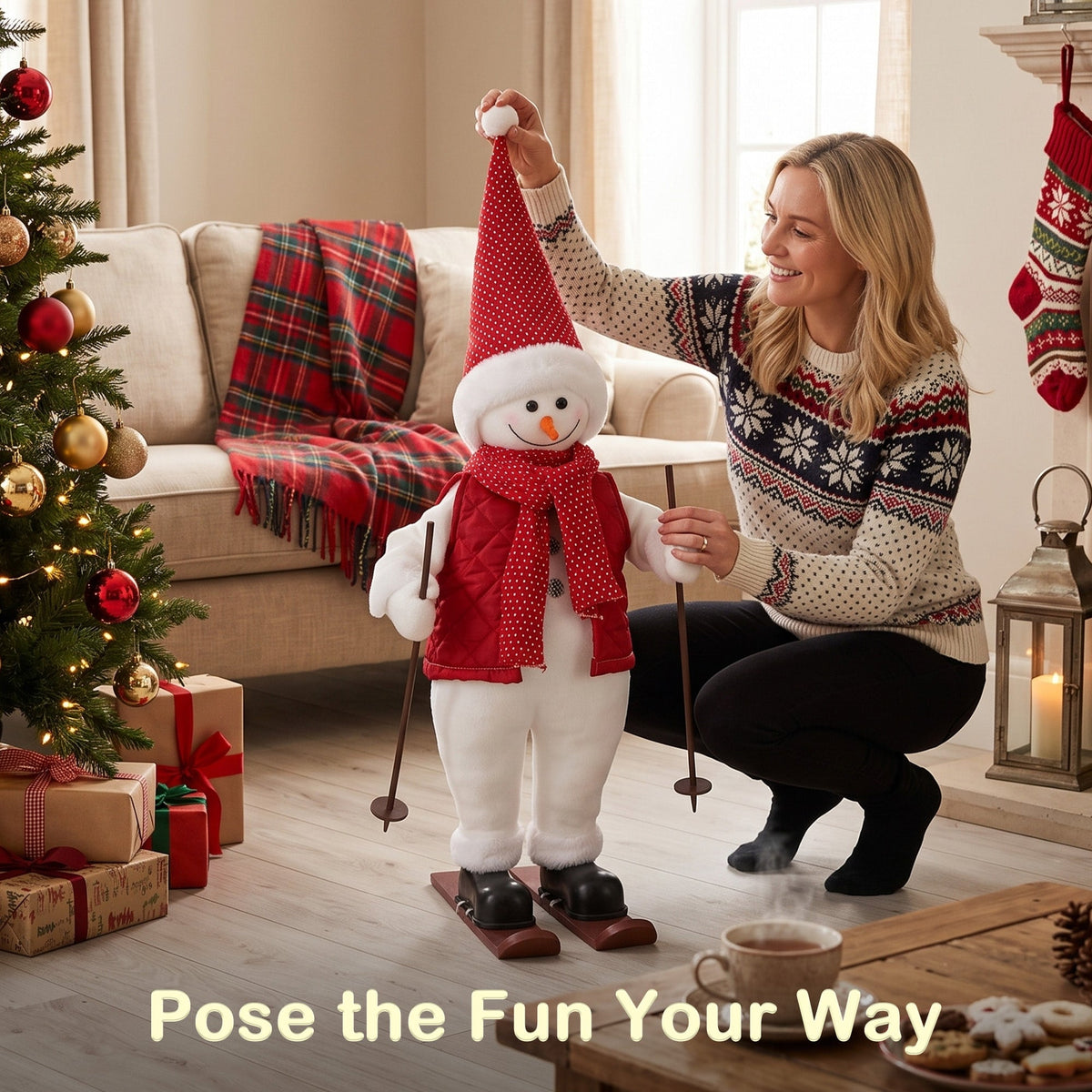 2ft Singing Skiing Santa Claus, 65 cm Standing Musical Animated Santa with Ski Board and Poles, Posable Arms, Handcrafted, Sound Touch Activated, Moving Christmas Figure Decoration