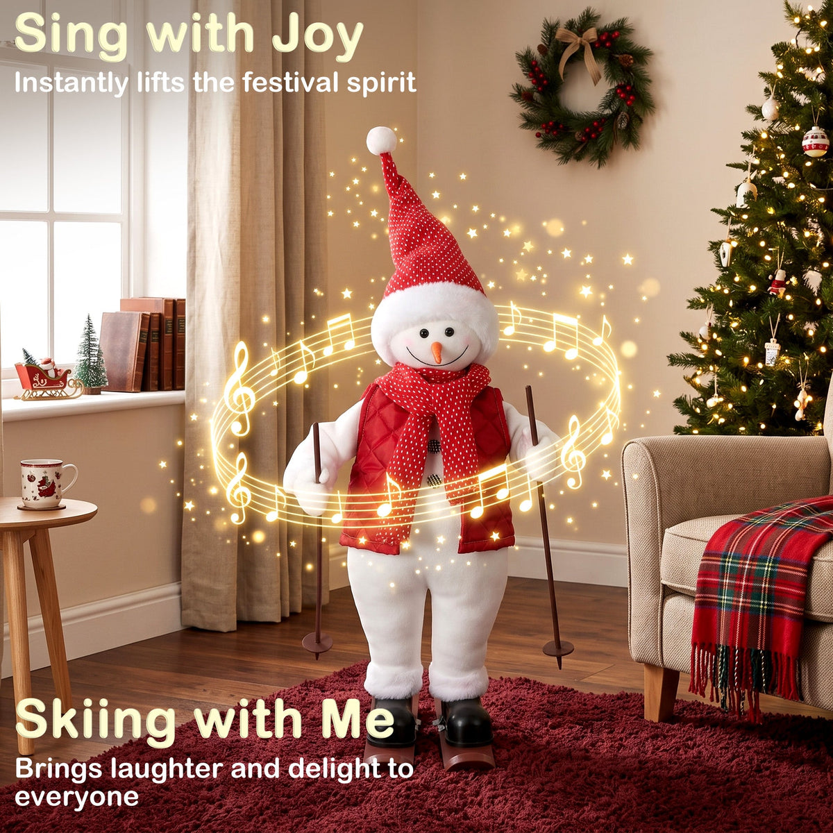 2ft Singing Skiing Santa Claus, 65 cm Standing Musical Animated Santa with Ski Board and Poles, Posable Arms, Handcrafted, Sound Touch Activated, Moving Christmas Figure Decoration
