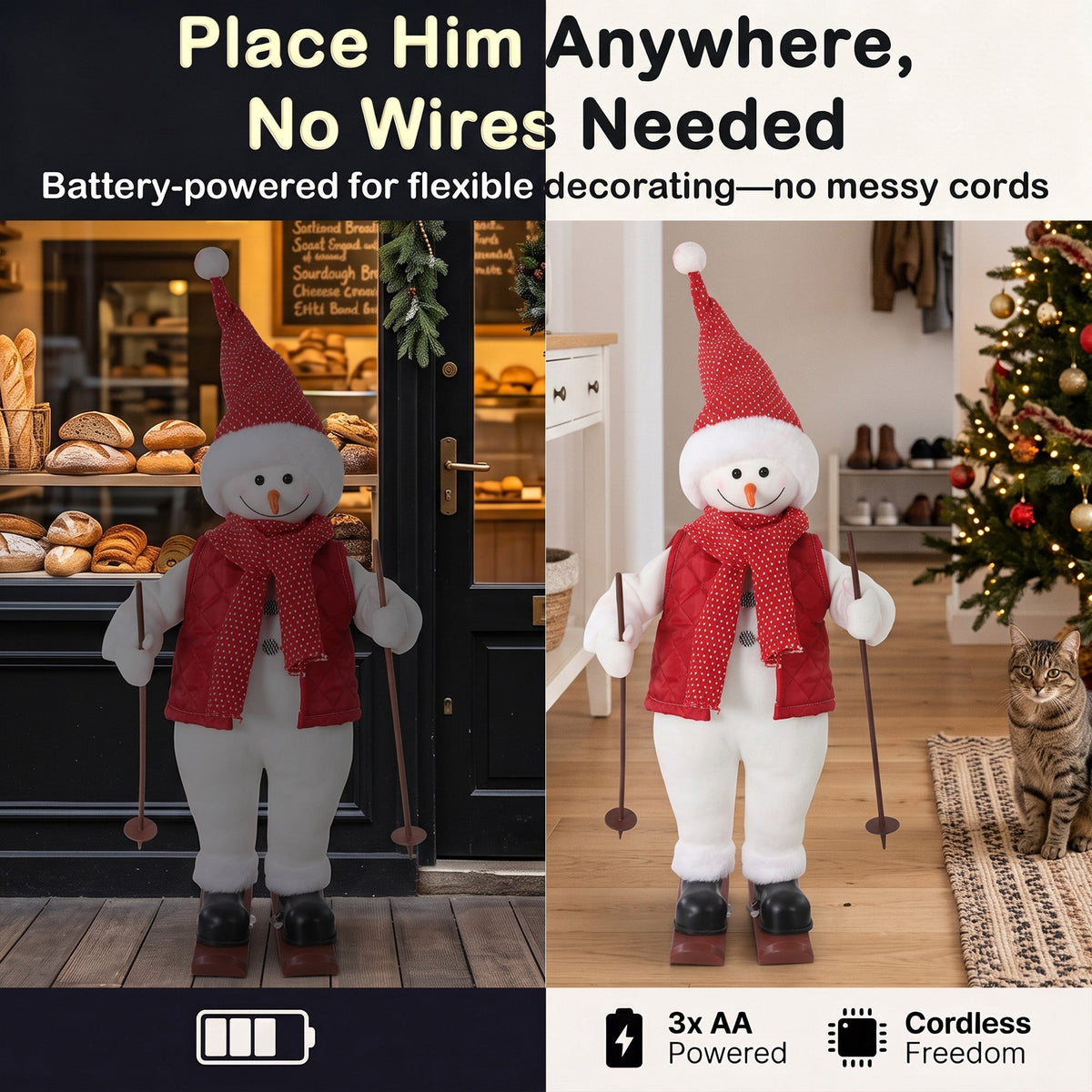2ft Singing Skiing Santa Claus, 65 cm Standing Musical Animated Santa with Ski Board and Poles, Posable Arms, Handcrafted, Sound Touch Activated, Moving Christmas Figure Decoration