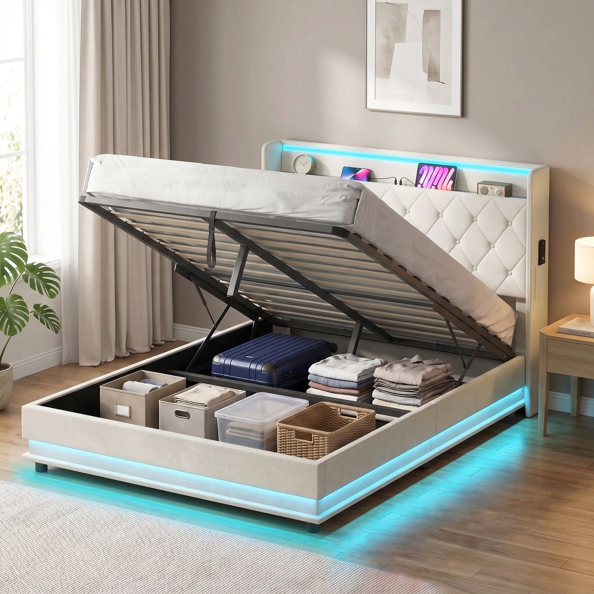 4ft6 Double Ottoman Bed Frame with Hydraulic Storage, APP Control LED Lights and Charging Station, Upholstered Lift Up Storage Bed Frame with Headboard, No Box Spring Needed, Cream White