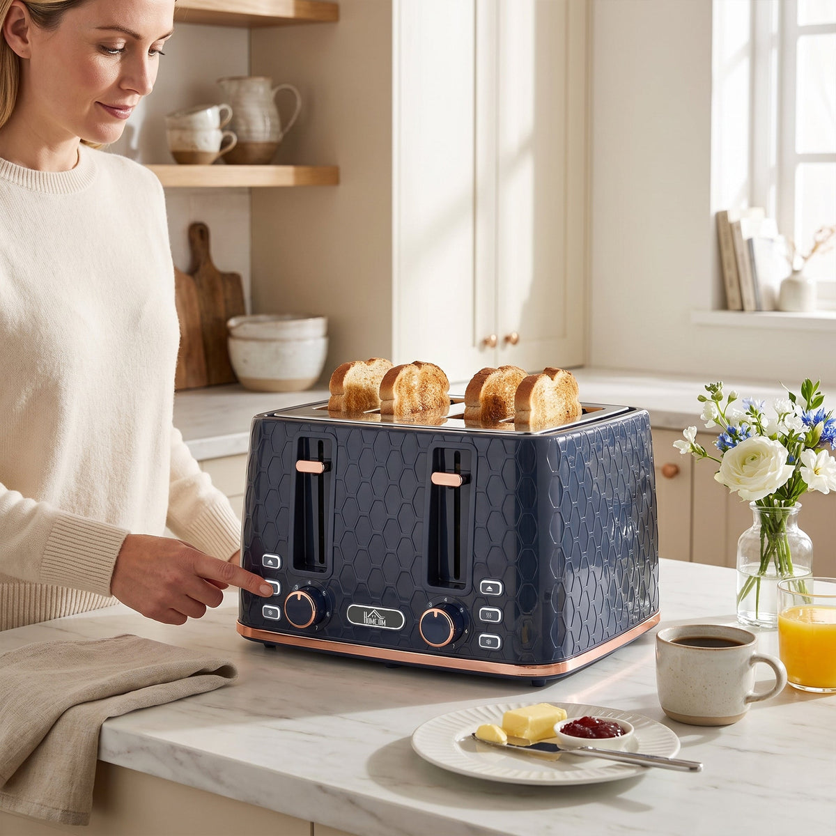 4 Slice Toaster with 7 Browning Levels, High Lift, Reheat/Defrost/Cancel, Self-centring Function, Removable Crumb Tray, 1860W, Honeycomb Texture, Dark Blue