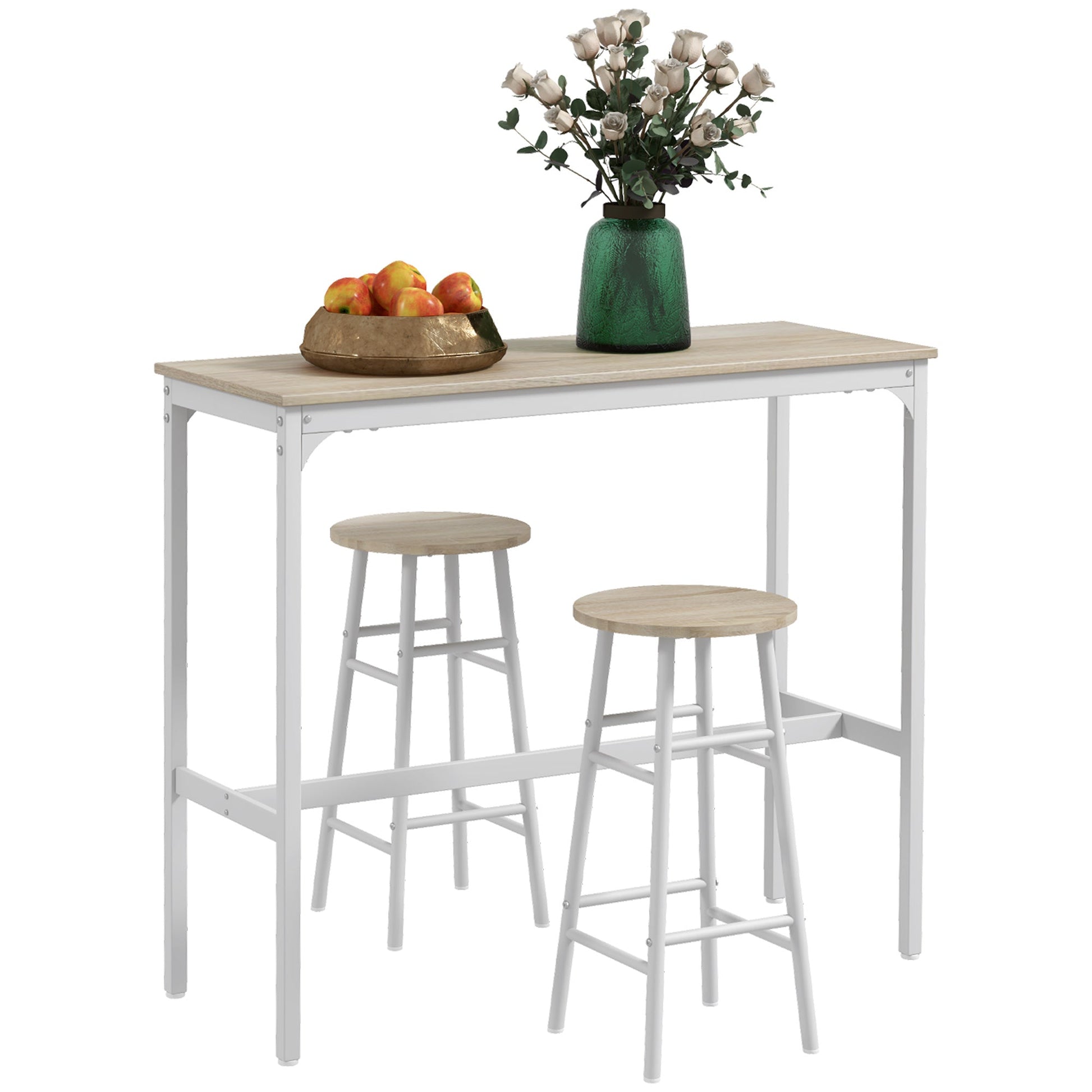 3 Piece Bar Table Set with 2 Stools, Industrial Bar Table and Stool Set, Dining Table and Chair Set for Small Space, Oak
