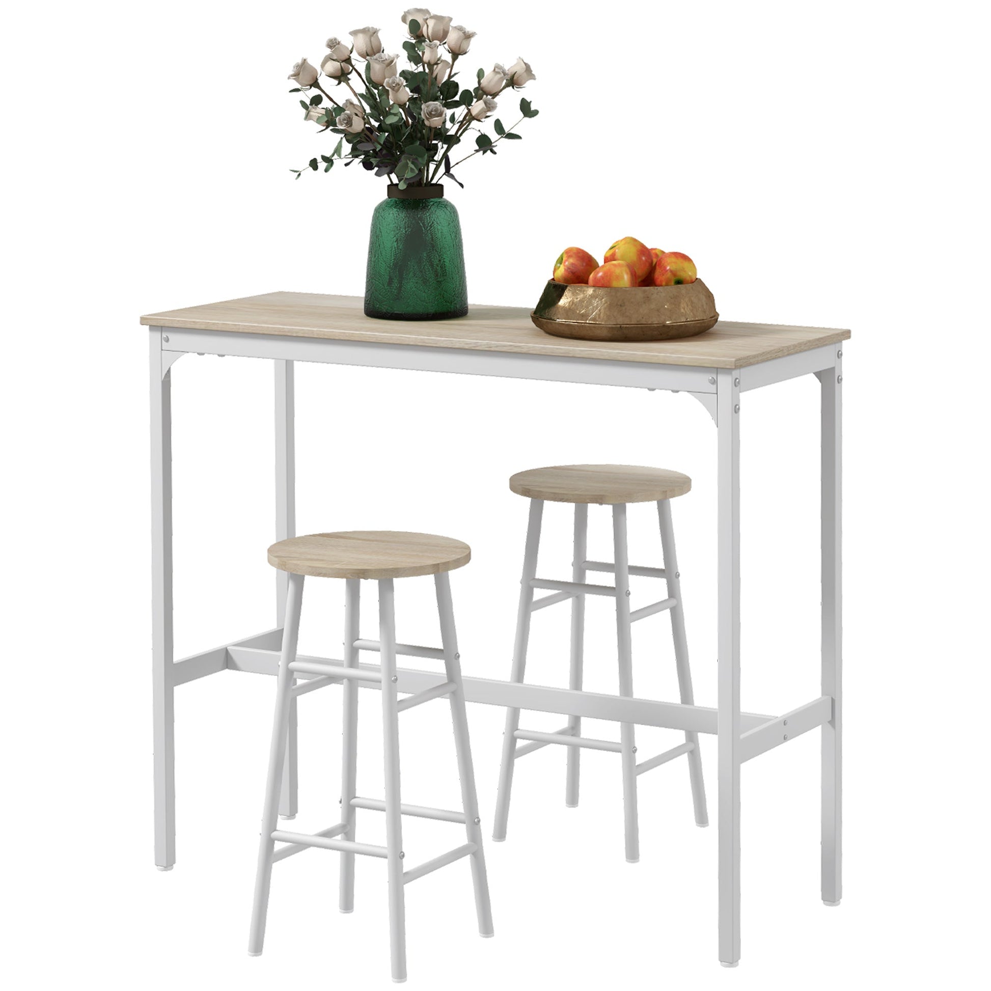 3 Piece Bar Table Set with 2 Stools, Industrial Bar Table and Stool Set, Dining Table and Chair Set for Small Space, Oak
