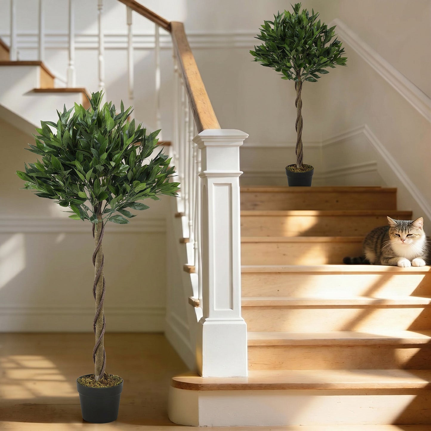 Artificial Bay Laurel Topiary Trees with Twisted Trunk, Realistic Lush Topiary Ball Tree with Weighted Pot, 120cm Indoor Greenery Plant for Home Office Garden Decor, Set of 2, Green
