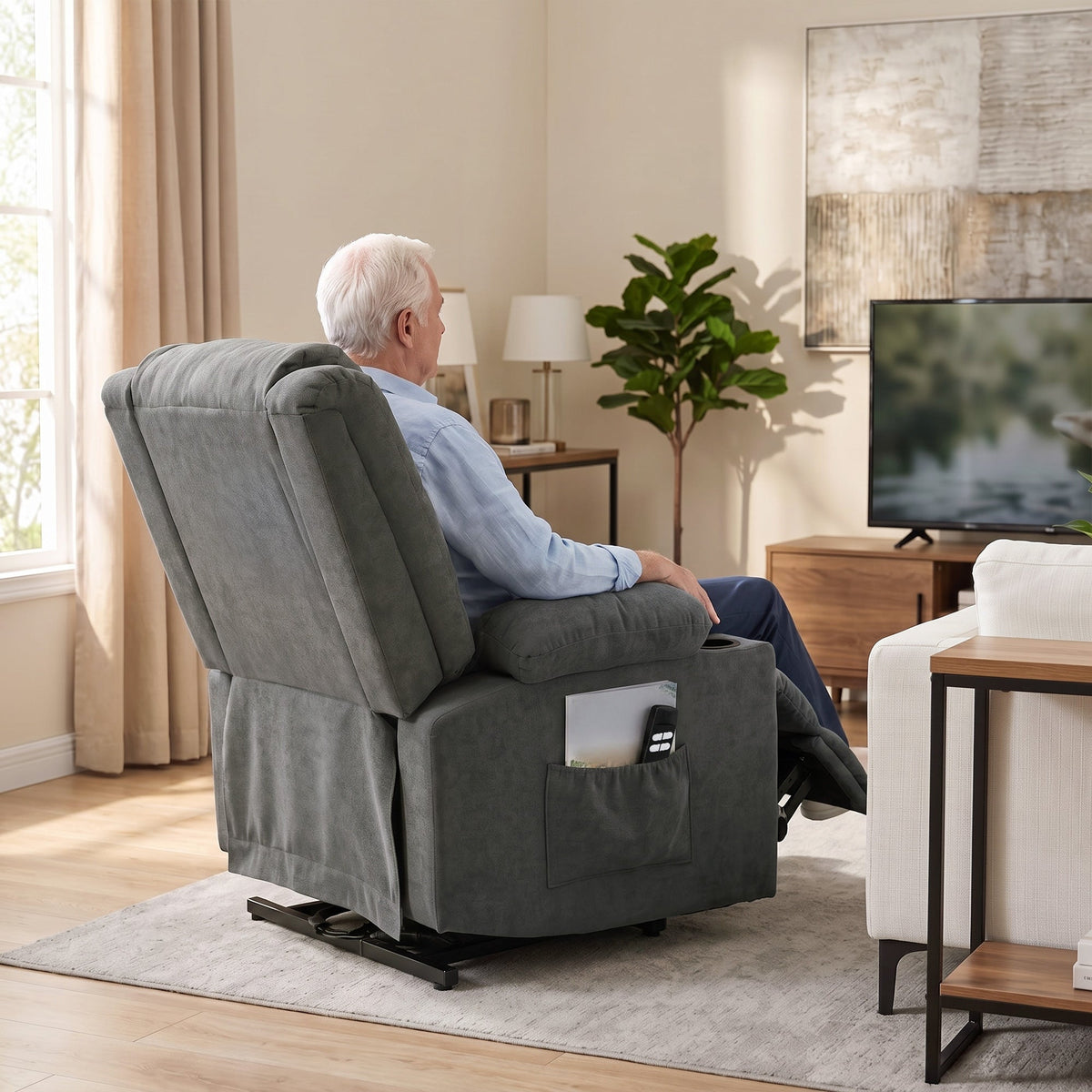 Dual Motor Recliner Chair Lift Chair for Elderly, 55° Electric Riser Recliner Armchair with Massage and Heat, Terry Cloth Power Reclining Lounge Sofa, 2 Cup Holders, Side Pockets, Dark Grey