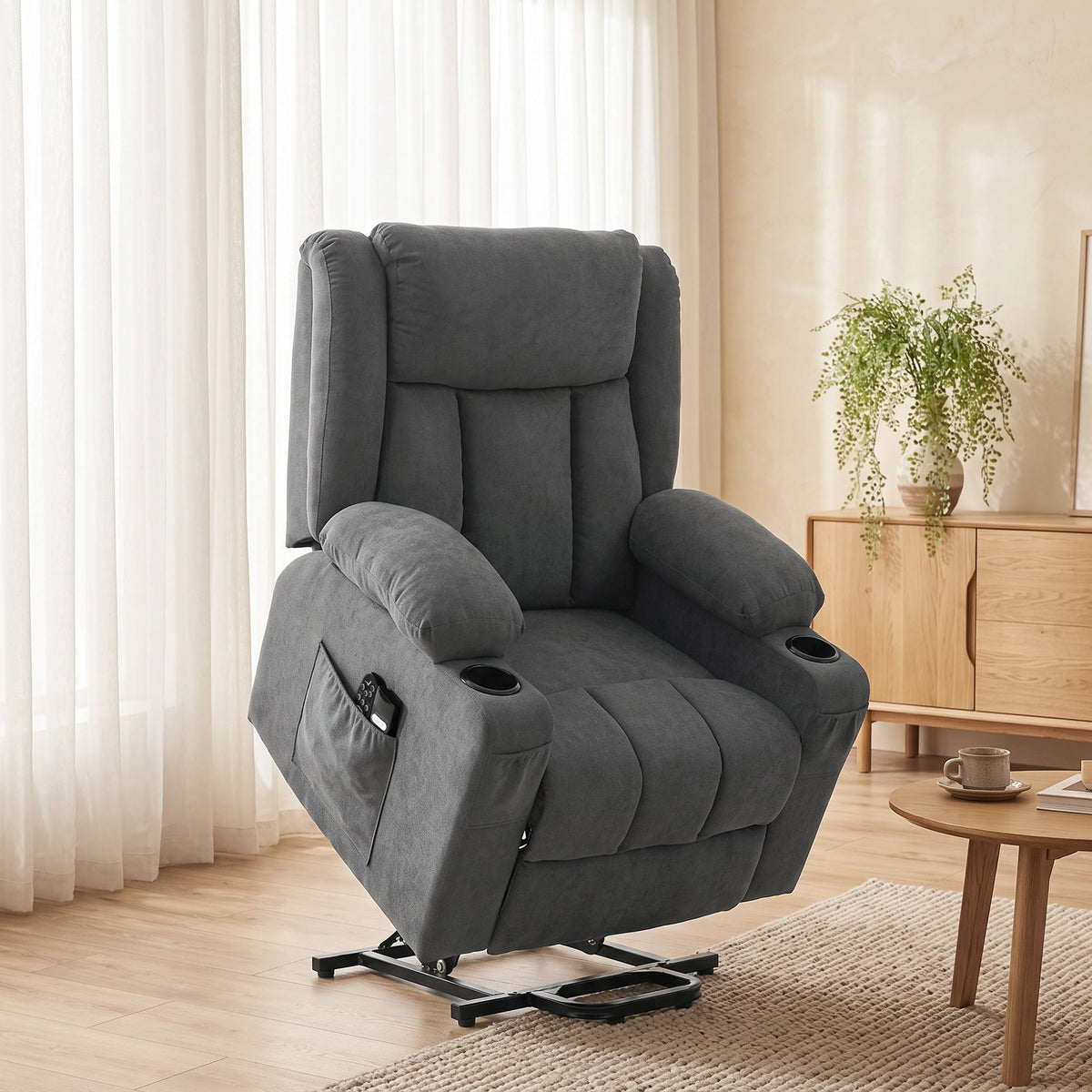 Dual Motor Recliner Chair Lift Chair for Elderly, 55° Electric Riser Recliner Armchair with Massage and Heat, Terry Cloth Power Reclining Lounge Sofa, 2 Cup Holders, Side Pockets, Dark Grey