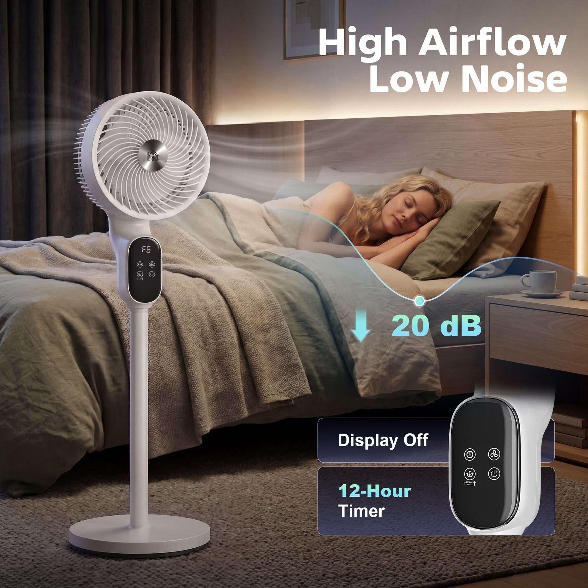 20 dB Silent Standing Fan for Bedroom, 39" Pedestal Fan with Remote, 90° Oscillating, 8 Speeds, Adjustable Height, 12H Timer, Aroma Diffuser, LED Display, White