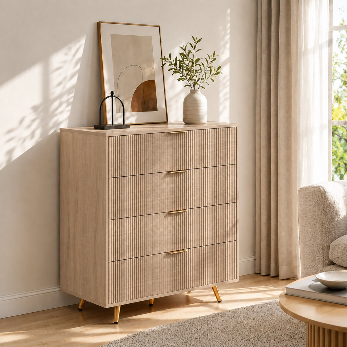 Bedroom Chest of Drawers with 4 Drawers, Fluted Dresser with Gold-Tone Handles, Storage Cabinet for Bedroom, Living Room, Hallway, Entryway, Natural