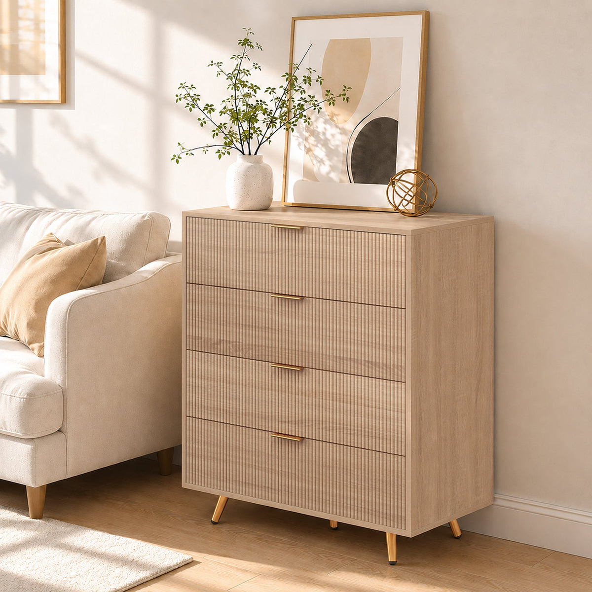 Bedroom Chest of Drawers with 4 Drawers, Fluted Dresser with Gold-Tone Handles, Storage Cabinet for Bedroom, Living Room, Hallway, Entryway, Natural