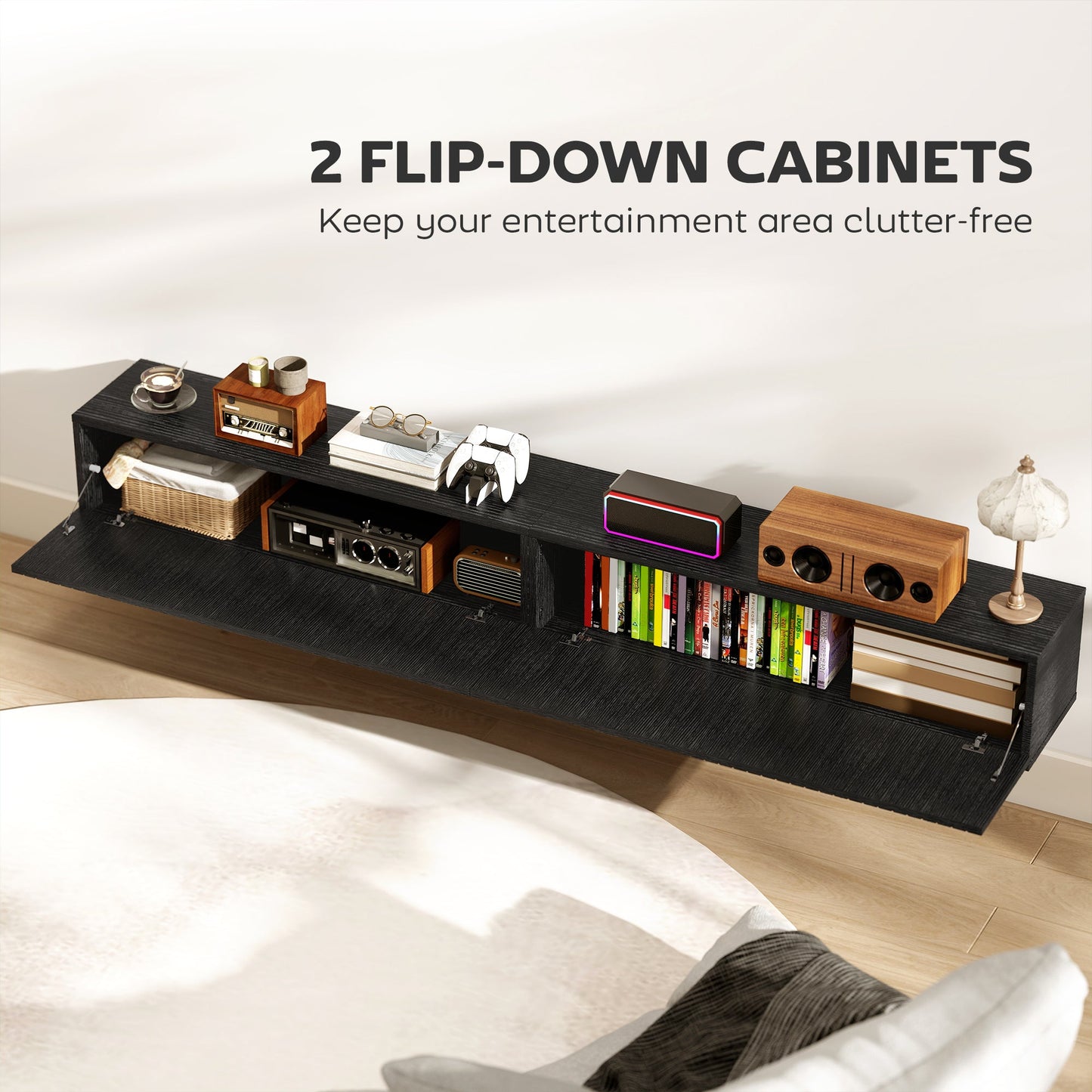Floating TV Unit for Television up to 72 Inch, 180cm Wall Mount TV Stand Cabinet with Fluted Flip-Down Doors, Cable Management Hole, Entertainment Media Console for Living Room, Bedroom, Black