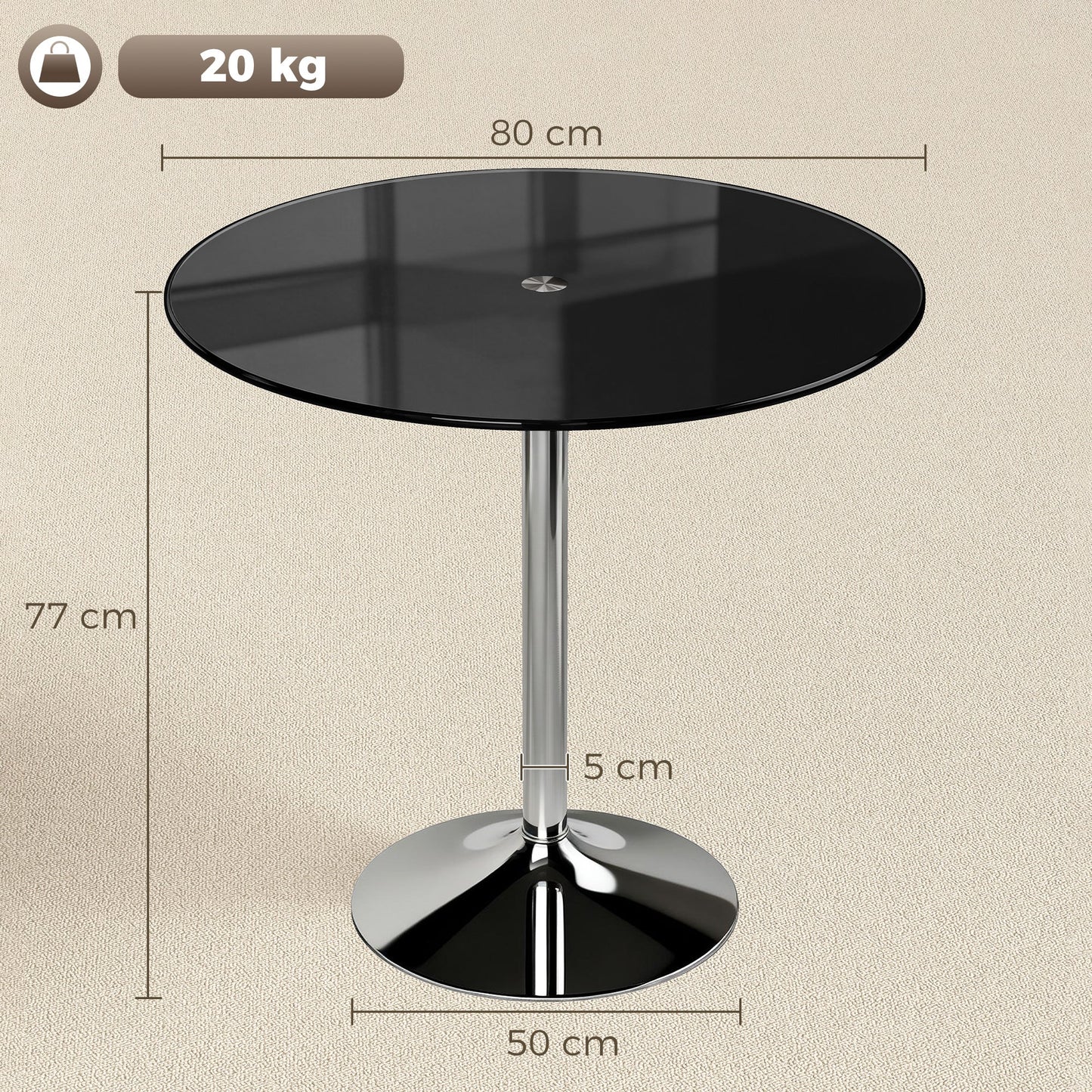 Round Bar Table, Modern Dining Table with Tempered Glass Top and Steel Frame for 4, Easy Assembly for Breakfast Bar, Dining Room, 80 x 80 x 77cm, Black
