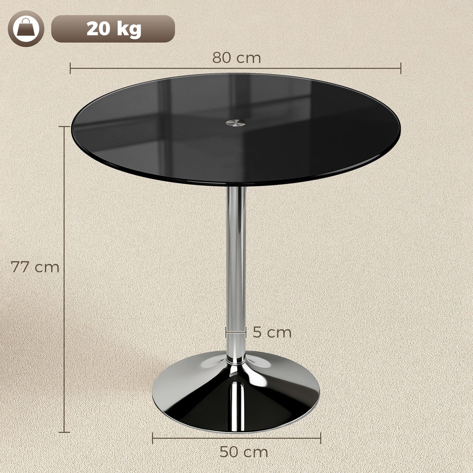 Round Bar Table, Modern Dining Table with Tempered Glass Top and Steel Frame for 4, Easy Assembly for Breakfast Bar, Dining Room, 80 x 80 x 77cm, Black