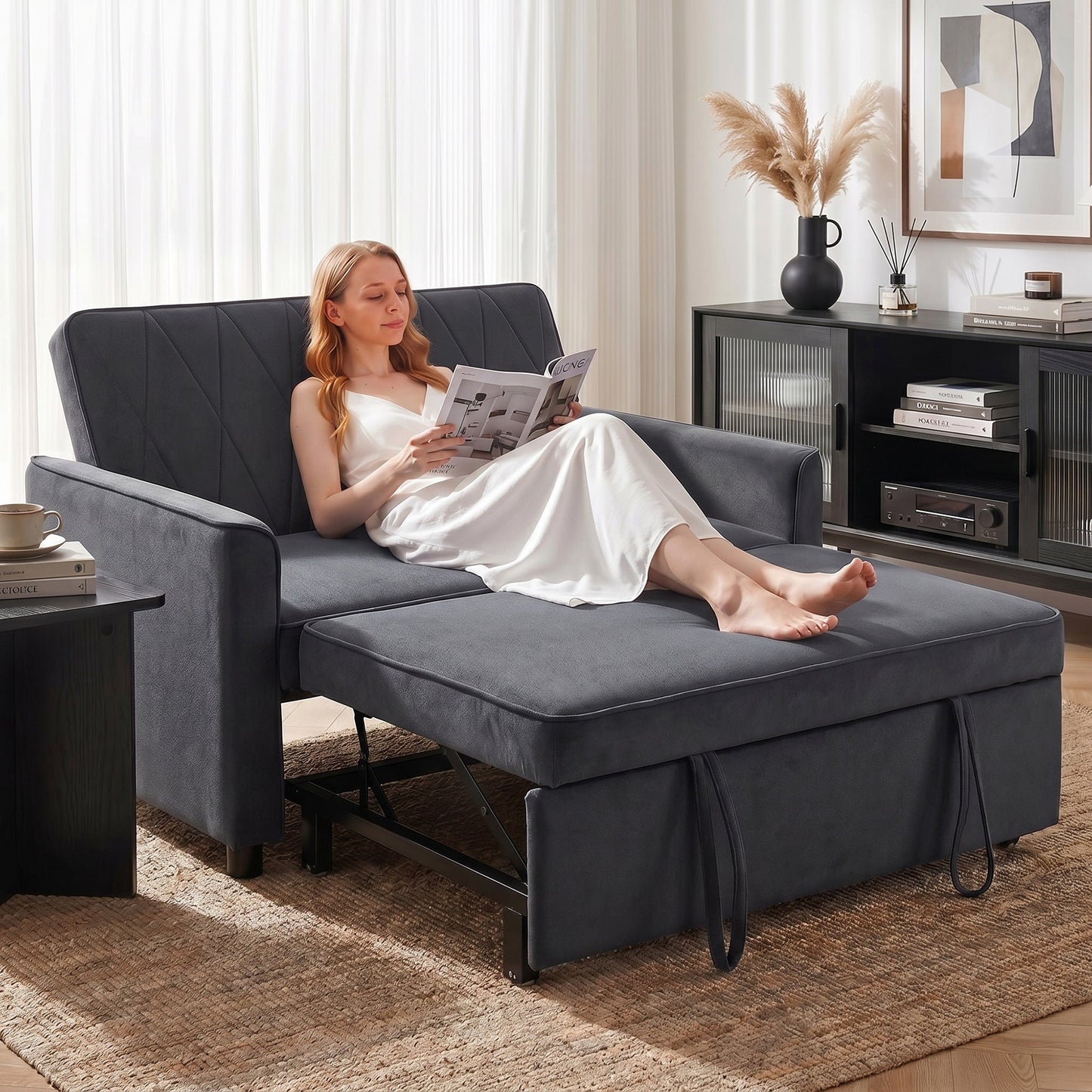 2 Seater Sofa Bed, 3-in-1 Convertible Pull Out Sleeper Sofa, Velvet Loveseat Bed Settee with Clik-Clack Adjustable Backrest, High-Density Foam for Living Room, Bedroom, Guest Room, Dark Grey