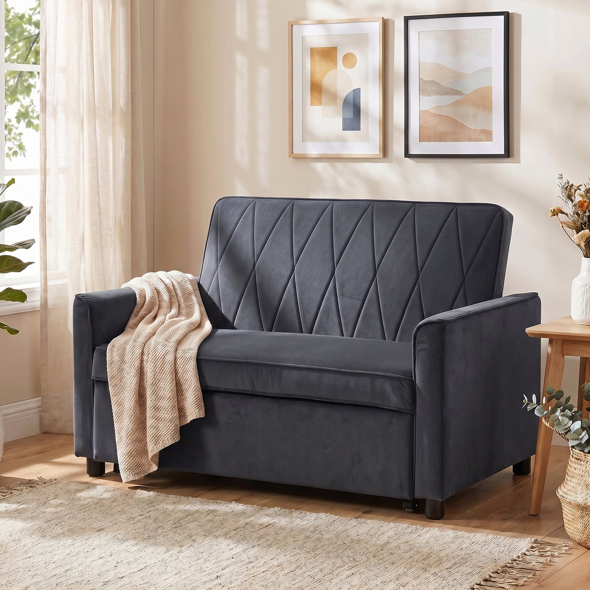 2 Seater Sofa Bed, 3-in-1 Convertible Pull Out Sleeper Sofa, Velvet Loveseat Bed Settee with Clik-Clack Adjustable Backrest, High-Density Foam for Living Room, Bedroom, Guest Room, Dark Grey