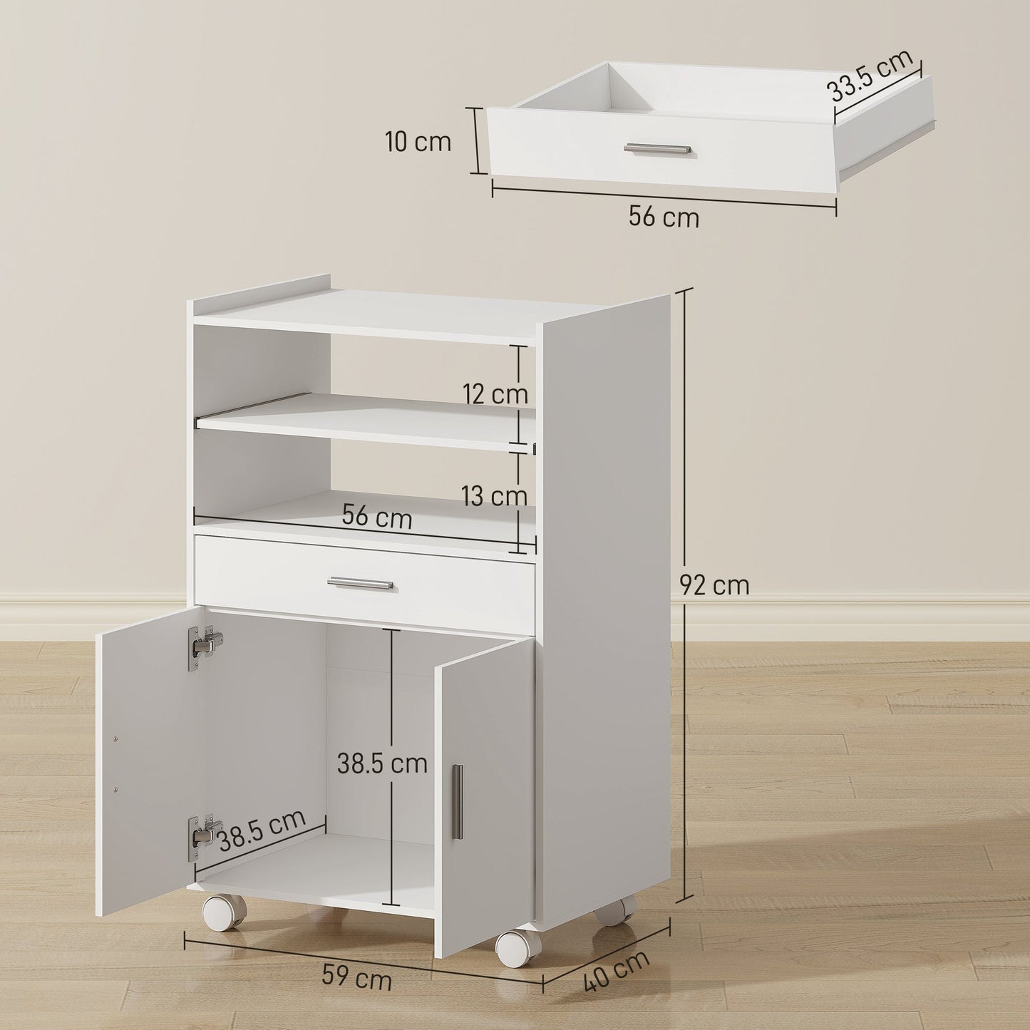 Kitchen Trolley with Wheels, Modern Mobile Microwave Stand with Slide-Out Shelf, Drawer and 2 Doors for Dining Room, 59 x 40 x 92 cm, White