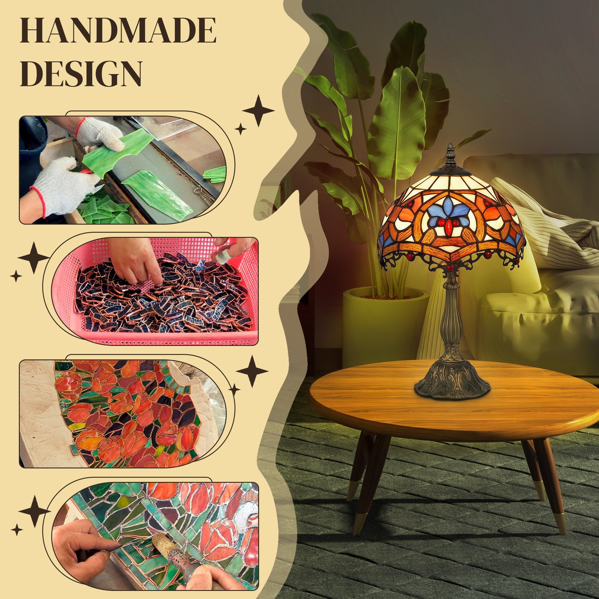 Tiffany Lamp, Stained Glass Table Lamp, Handcrafted Artisan Collectible, Suitable for Living Room and Bedside, Multi-Coloured, Ф25 x 45Hcm, Zinc Alloy.