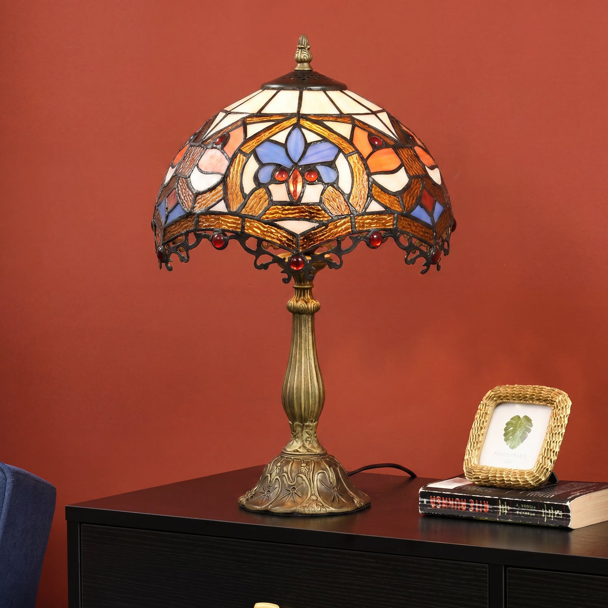 Tiffany Lamp, Stained Glass Table Lamp, Handcrafted Artisan Collectible, Suitable for Living Room and Bedside, Multi-Coloured, Ф25 x 45Hcm, Zinc Alloy.