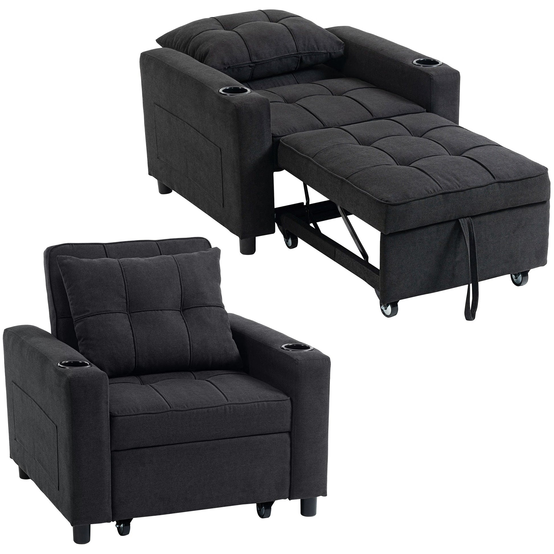 3-in-1 Single Sofa Bed, Convertible Sleeper Chair Bed with Adjustable Backrest, Fabric Pull Out Chair with Pillow, Side Pockets and Cup Holders for Living Room, Bedroom, Small Space, Black