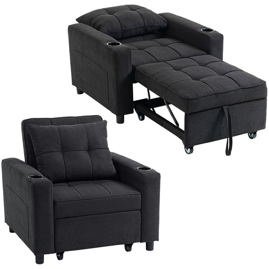 3-in-1 Single Sofa Bed, Convertible Sleeper Chair Bed with Adjustable Backrest, Fabric Pull Out Chair with Pillow, Side Pockets and Cup Holders for Living Room, Bedroom, Small Space, Black