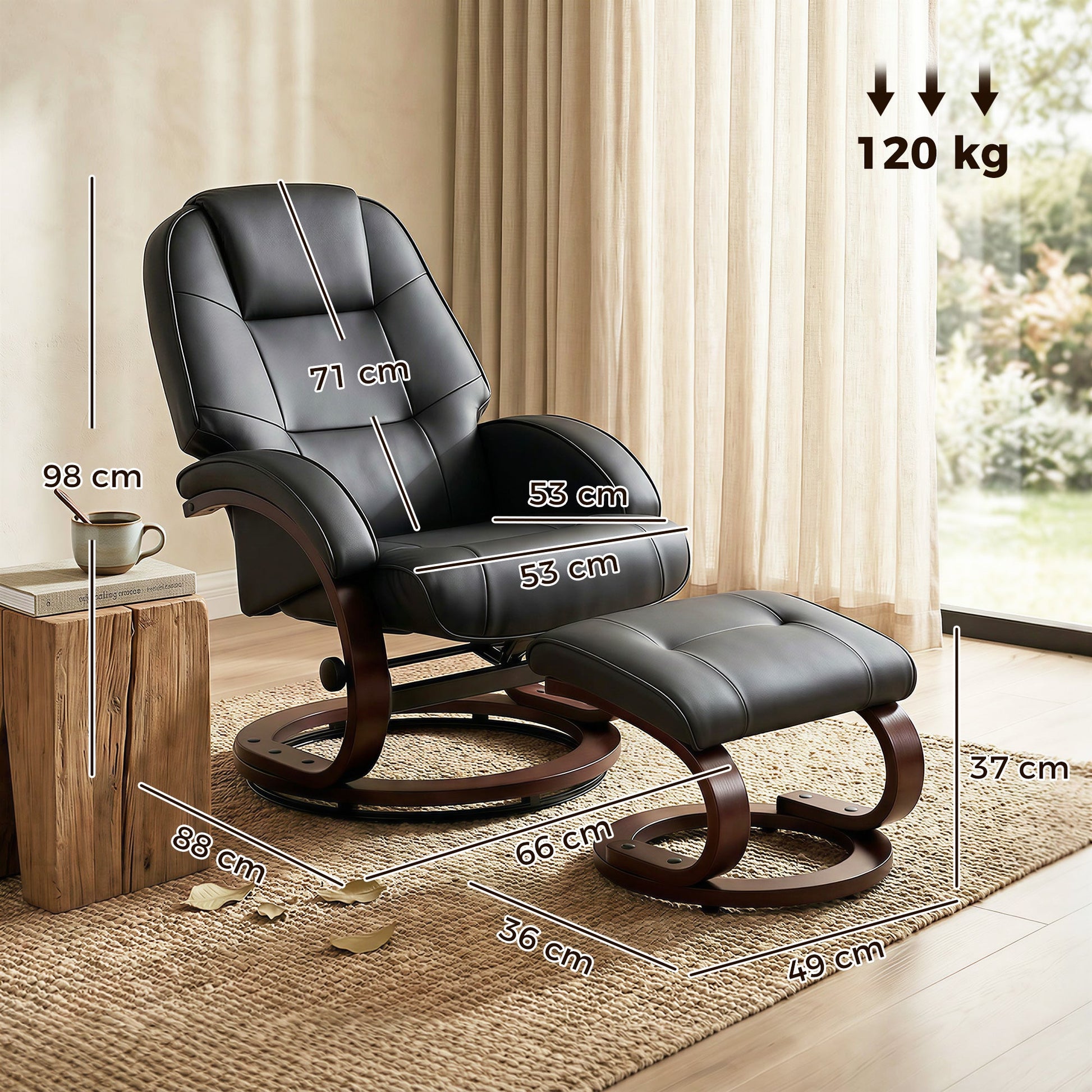 Swivel Recliner Chair with Footstool, PU Leather Recliner Armchair with High Back and Wood Frame, Reclining Chair Lounge with Padded Armrests for Living Room, Black