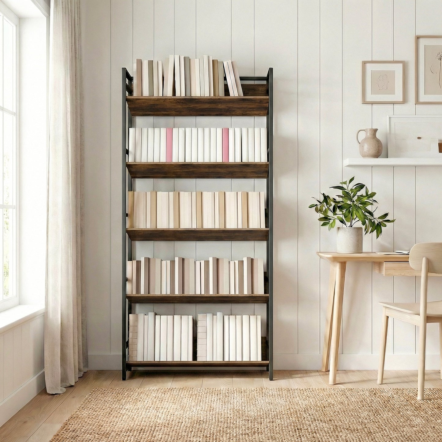Room Divider Bookshelf, 5-Tier Bookcase, Storage Shelves with Metal Frame and Anti-Slip Design for Living Room, Bedroom, Home Office, Rustic Brown