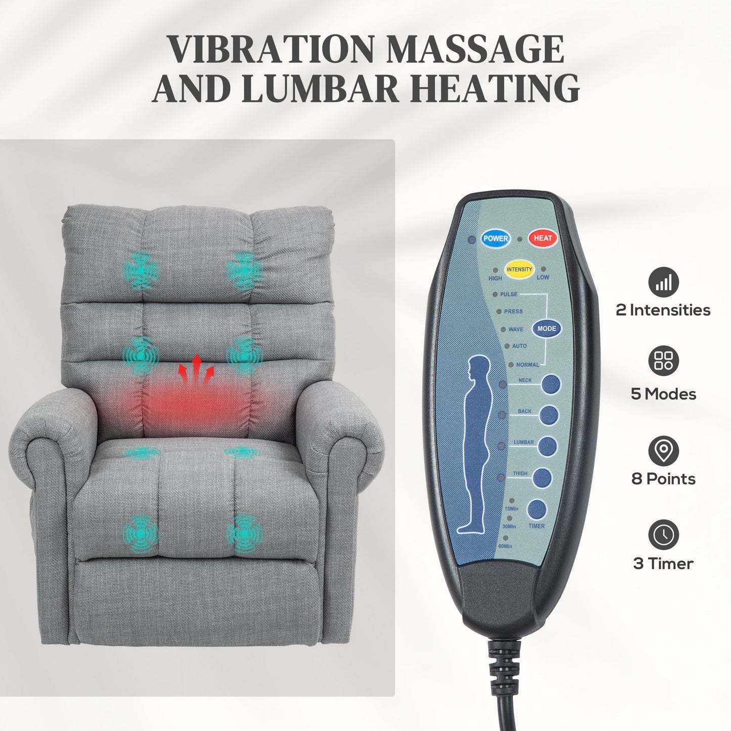 HOMCOM Power Lift Chair for Elderly, Electric Recliner Armchair with Massage and Heat, Type C and USB Ports, Fabric Riser and Reclining Chair with Side Pockets, Grey