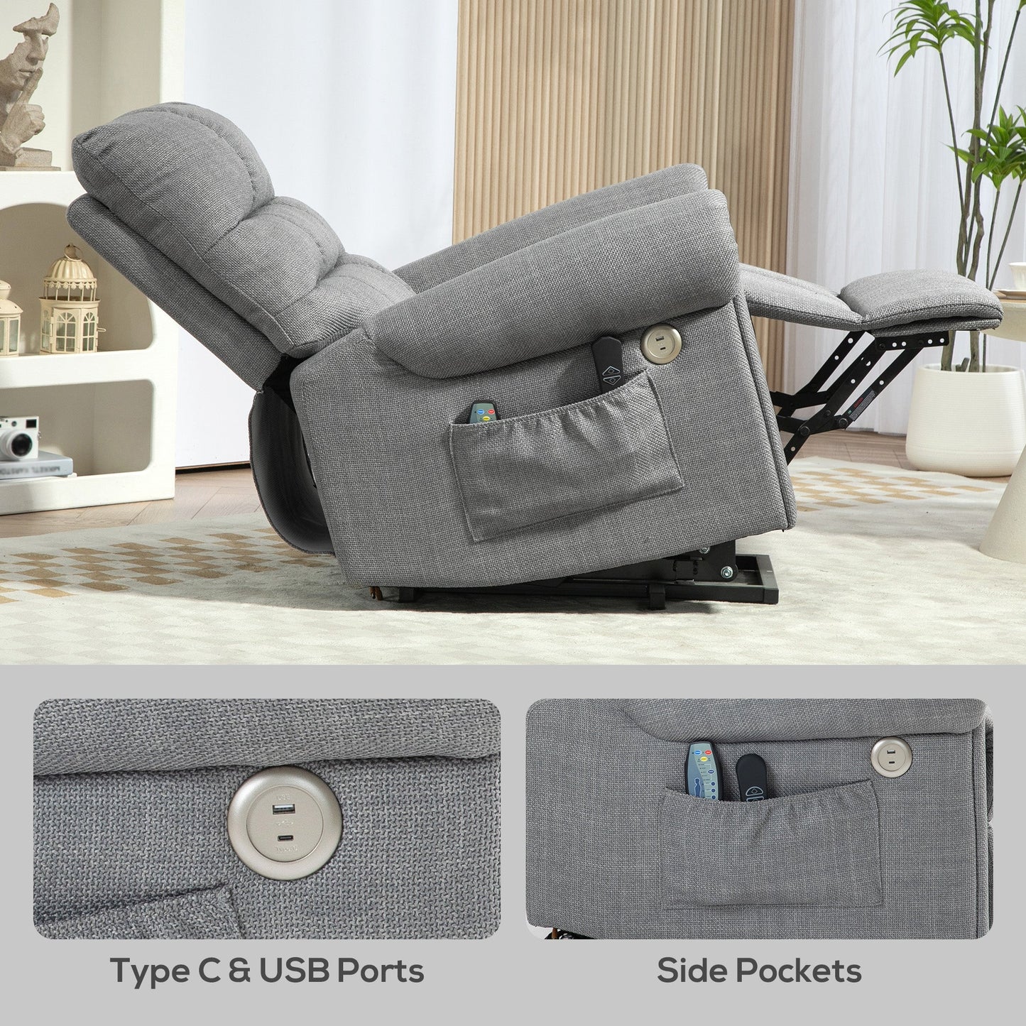 HOMCOM Power Lift Chair for Elderly, Electric Recliner Armchair with Massage and Heat, Type C and USB Ports, Fabric Riser and Reclining Chair with Side Pockets, Grey
