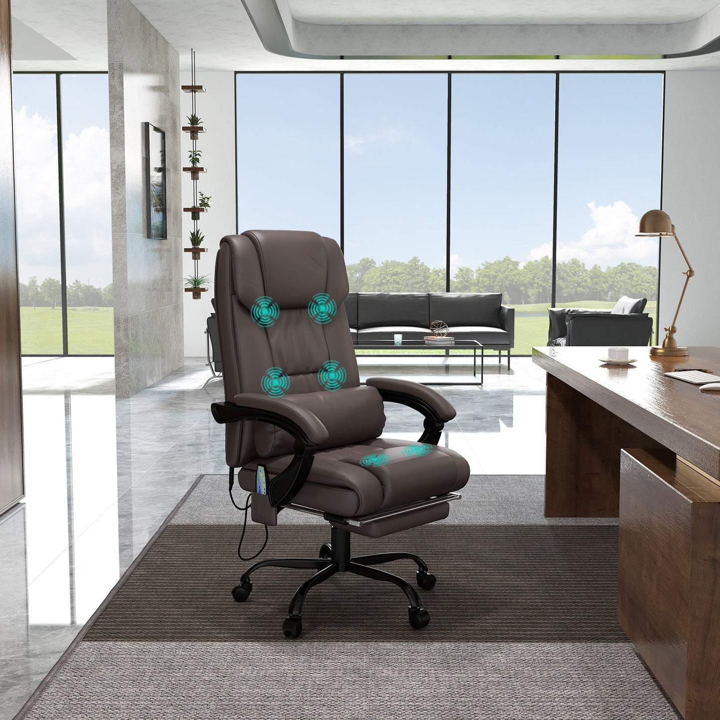 Vinsetto 6-Point Massage Office Chair, PU Leather Desk Chair with Adjustable Height and Footrest for Home Office, Brown