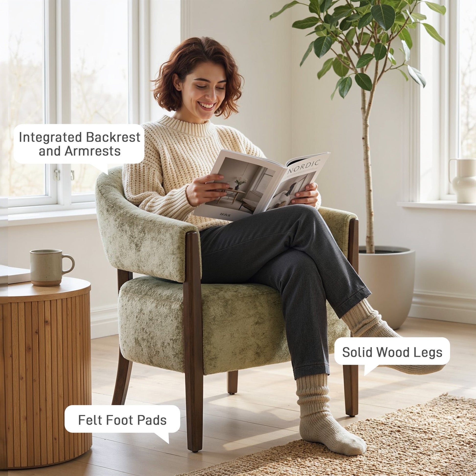 Accent Chair, Chenille Upholstered Tub Chair with Solid Wood Frame and Legs, Comfy Armchair for Living Room, Bedroom, Light Brown