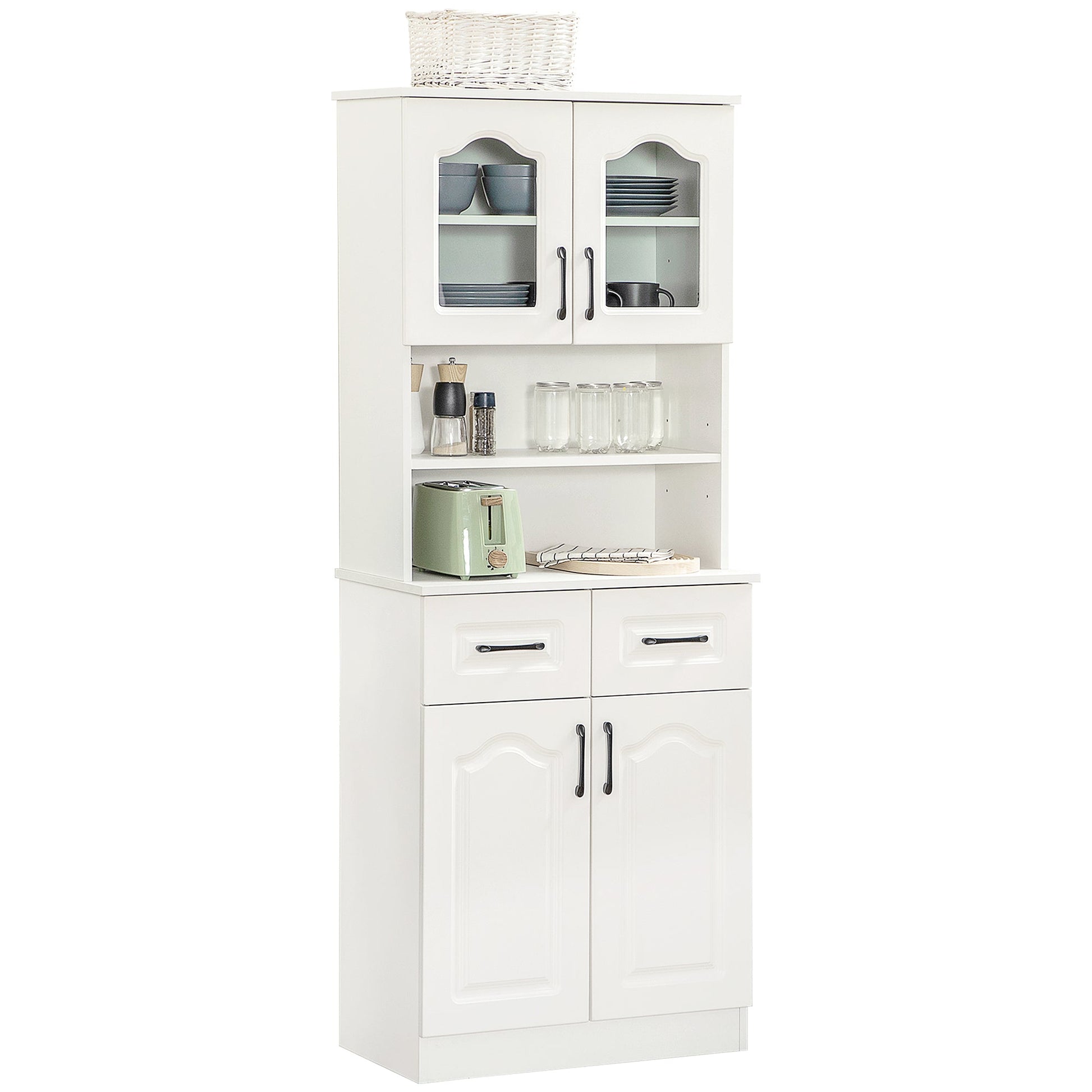 Kitchen Cupboard, Freestanding Storage Cabinet with 2 Adjustable Shelves, 2 Drawers and Open Counter for Living Room, Dining Room, 168cm, White