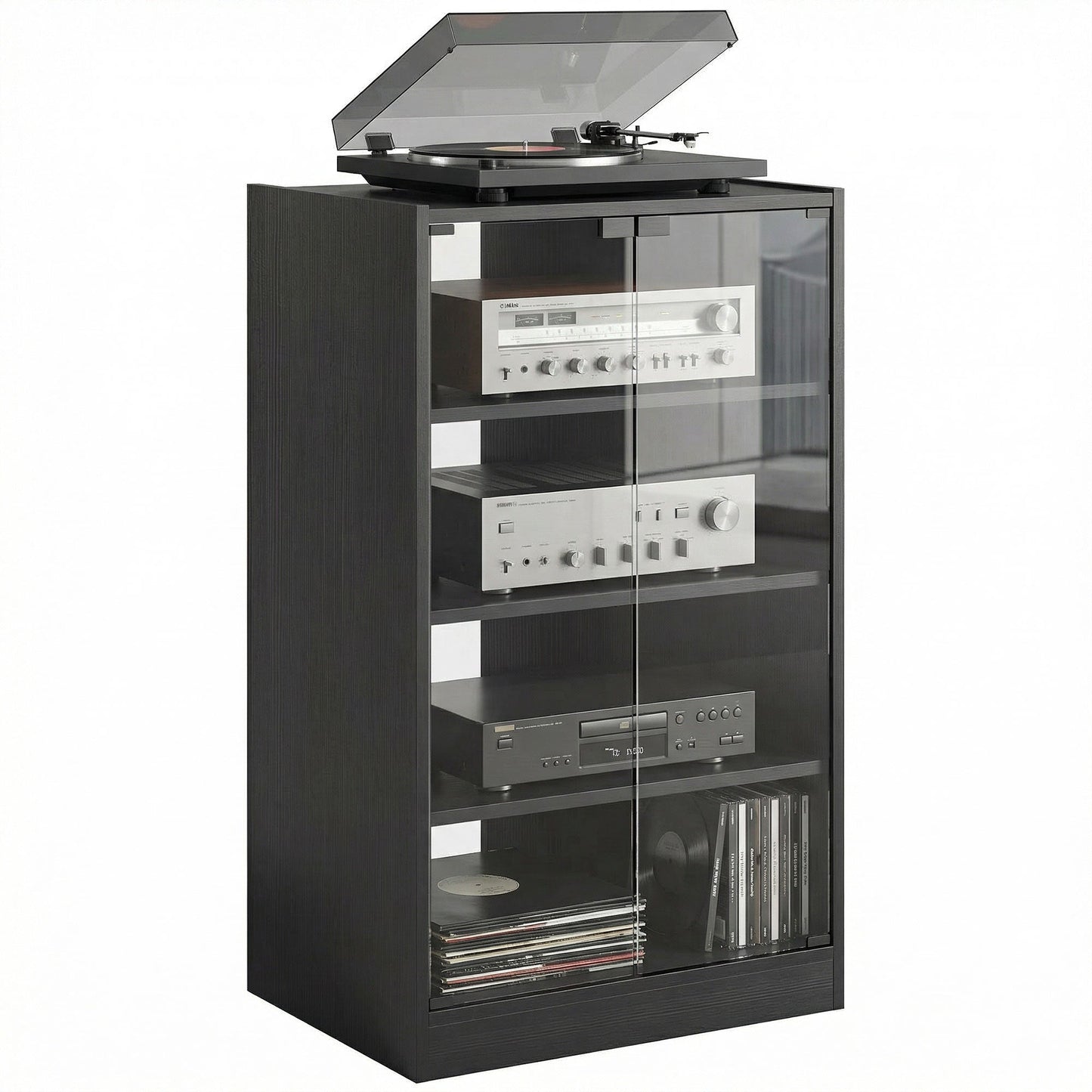 Record Player Stand with Storage, 4-Tier Hi-Fi Stand, Media Cabinet with Adjustable Shelves, Push-to-Open Glass Doors and Cable Management for Music Room and Living Room, Black Wood-Effect