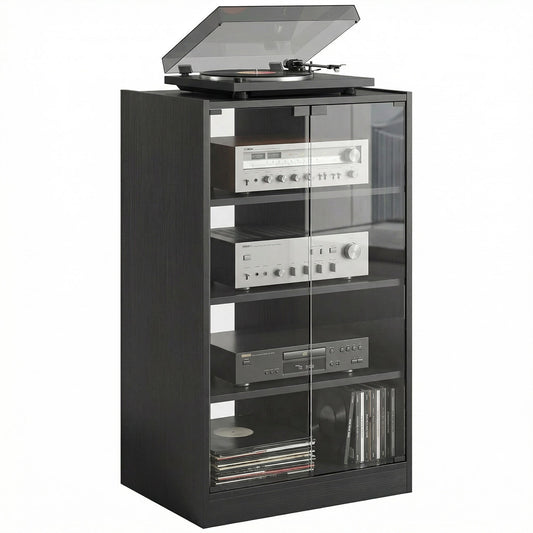 Record Player Stand with Storage, 4-Tier Hi-Fi Stand, Media Cabinet with Adjustable Shelves, Push-to-Open Glass Doors and Cable Management for Music Room and Living Room, Black Wood-Effect