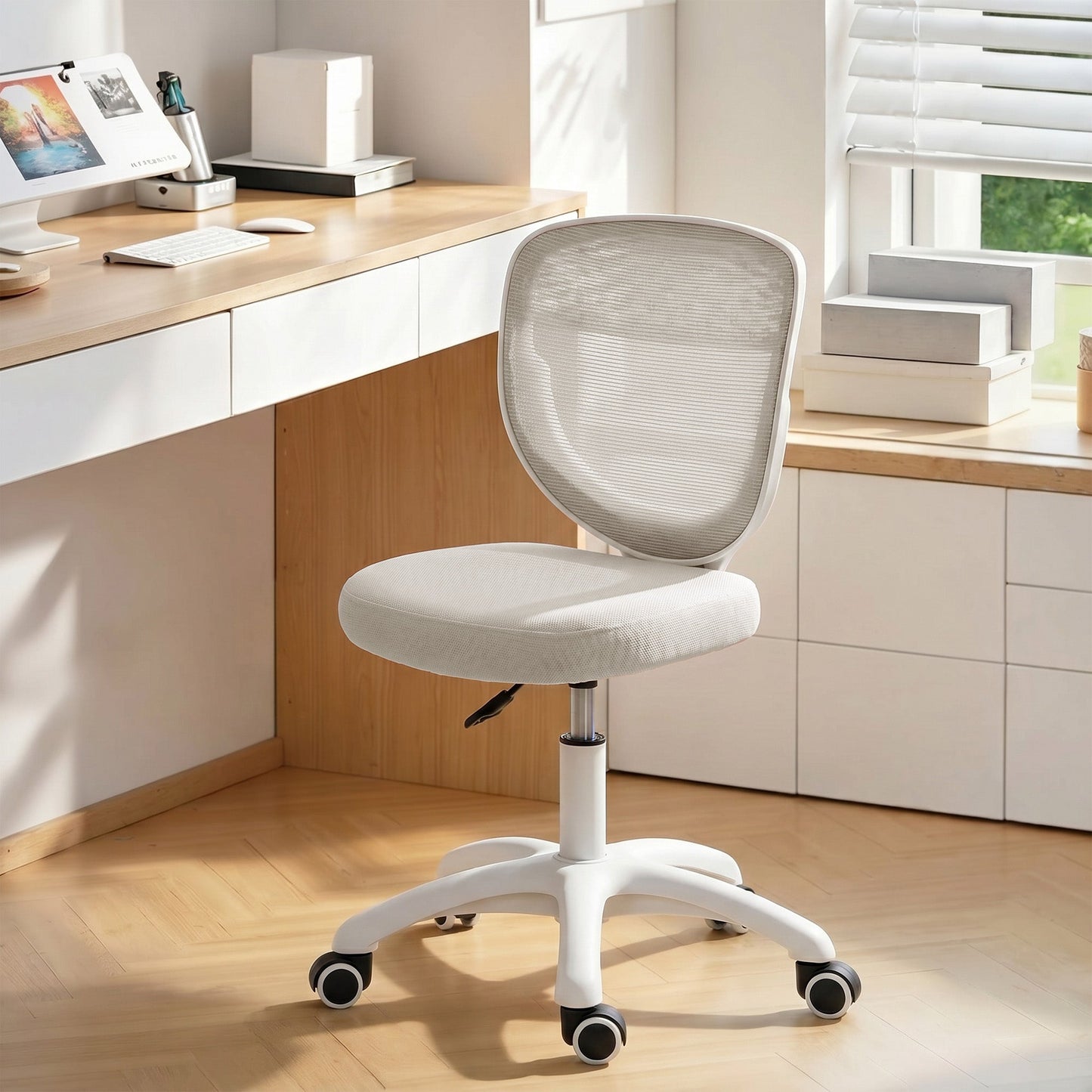 Ergonomic Office Chair, Armless Computer Desk Chair with Breathable Mesh Back, Padded Seat and Swivel Wheels, Adjustable Height for Home Office Study Bedroom, Grey