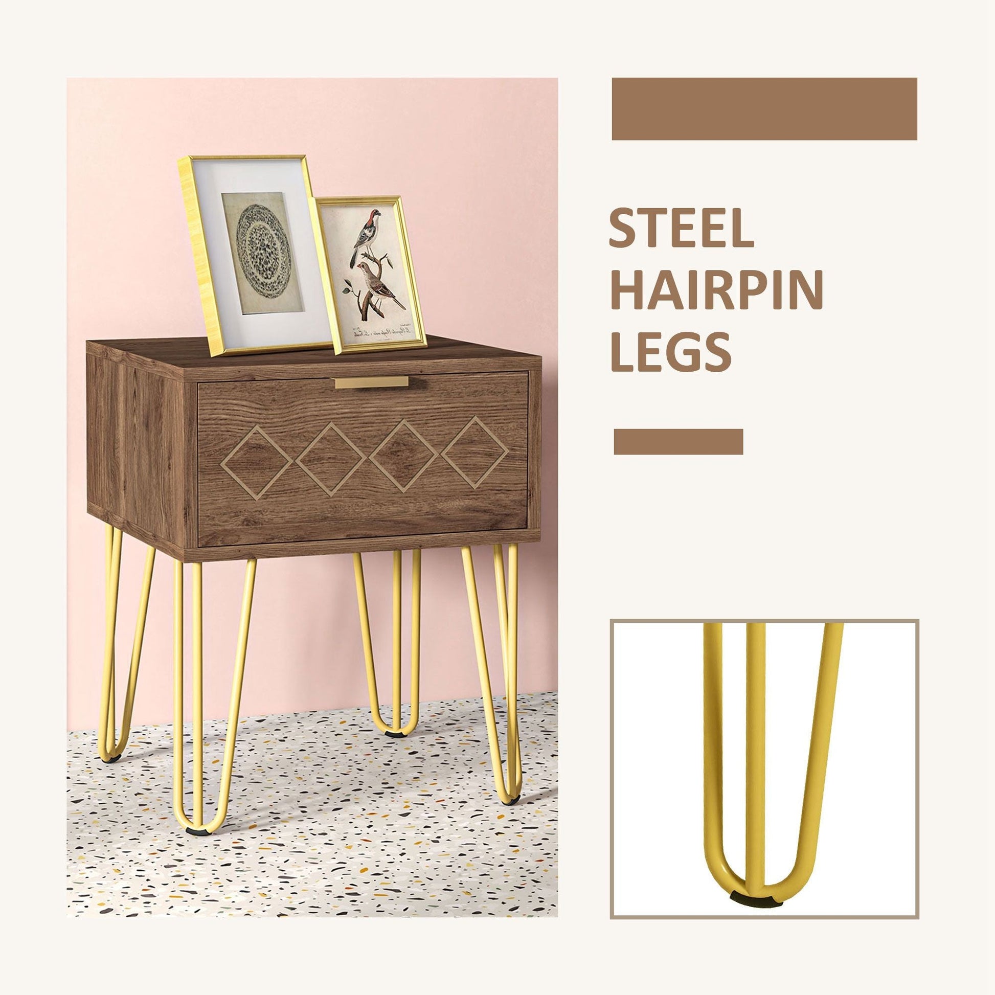 HOMCOM Bedside Table with Drawer, Wooden Nightstand, Modern Sofa Side Table with Gold Tone Metal Legs and Handles for Living Room, Bedroom, Easy Assembly, 40x41x 49cm, Brown