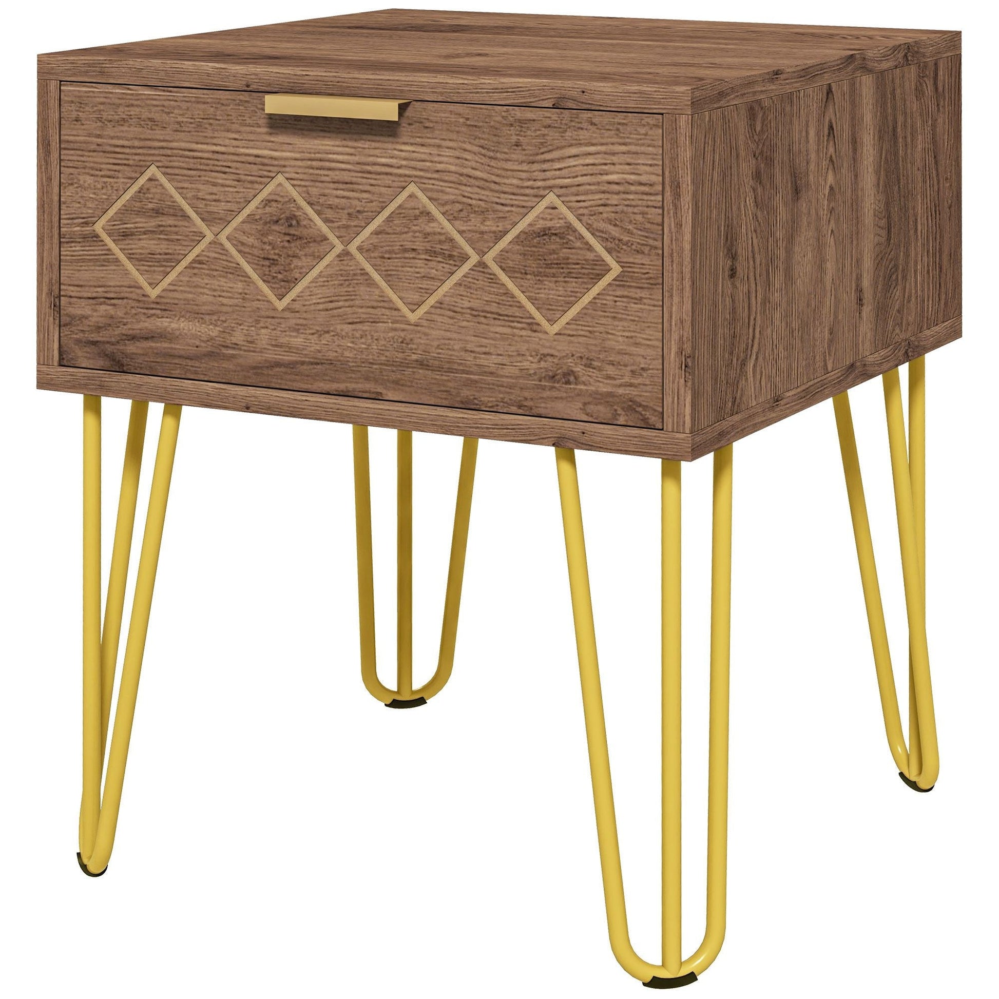 HOMCOM Bedside Table with Drawer, Wooden Nightstand, Modern Sofa Side Table with Gold Tone Metal Legs and Handles for Living Room, Bedroom, Easy Assembly, 40x41x 49cm, Brown