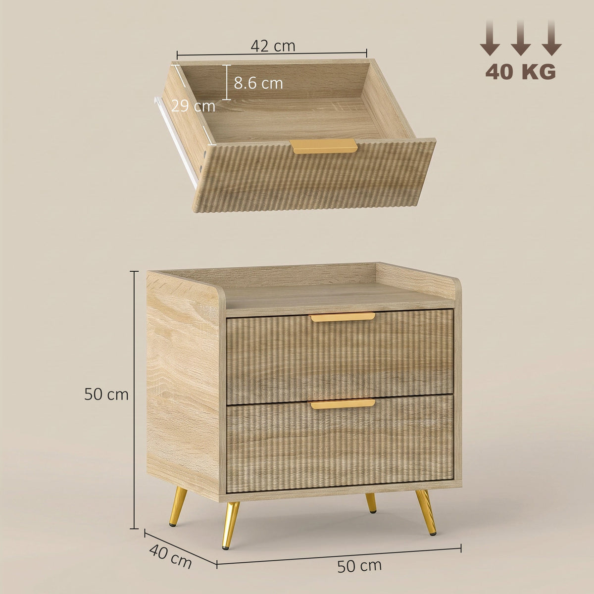 Bedside Table, Bedside Cabinet with 2 Drawers, Side End Table with Metal Legs for Bedroom Living Room, Natural Wood Finish