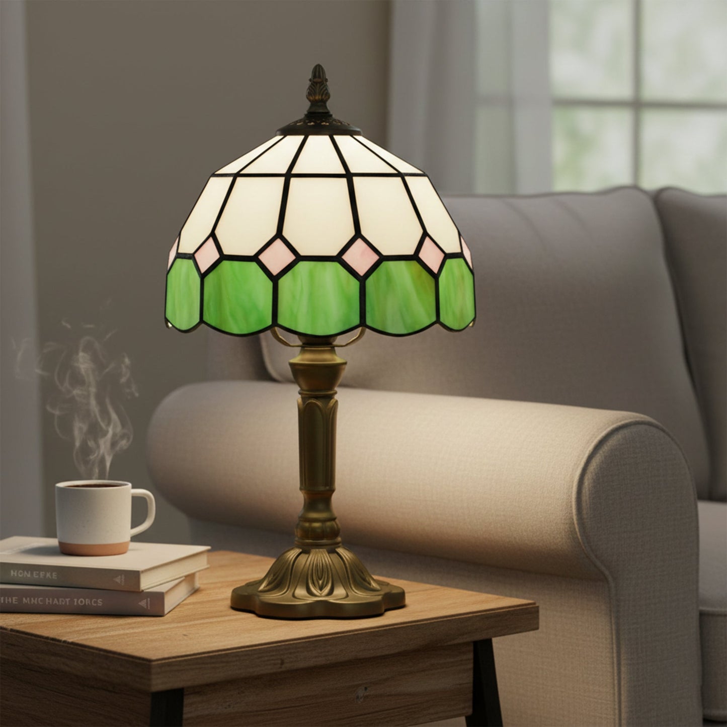 Handmade Stained Glass Table Lamp, Tiffany-Style Bedside Lamp for Bedroom, Living room, Home, Nightstand, Decorative Night Light, Green